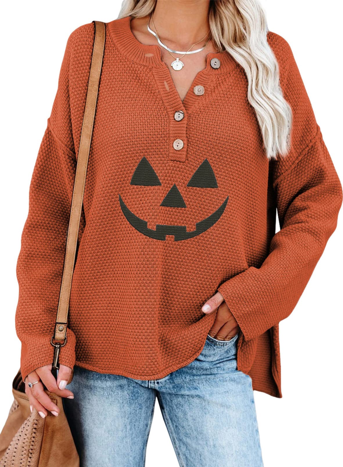 SHEWIN Women's Waffle Knit V-Neck Sweater Long Sleeve Henley Pullover Top with Side Slits - Casual Button Up Jumper for Fall & Winter Outfits, Office Wear and Weekend Brunch