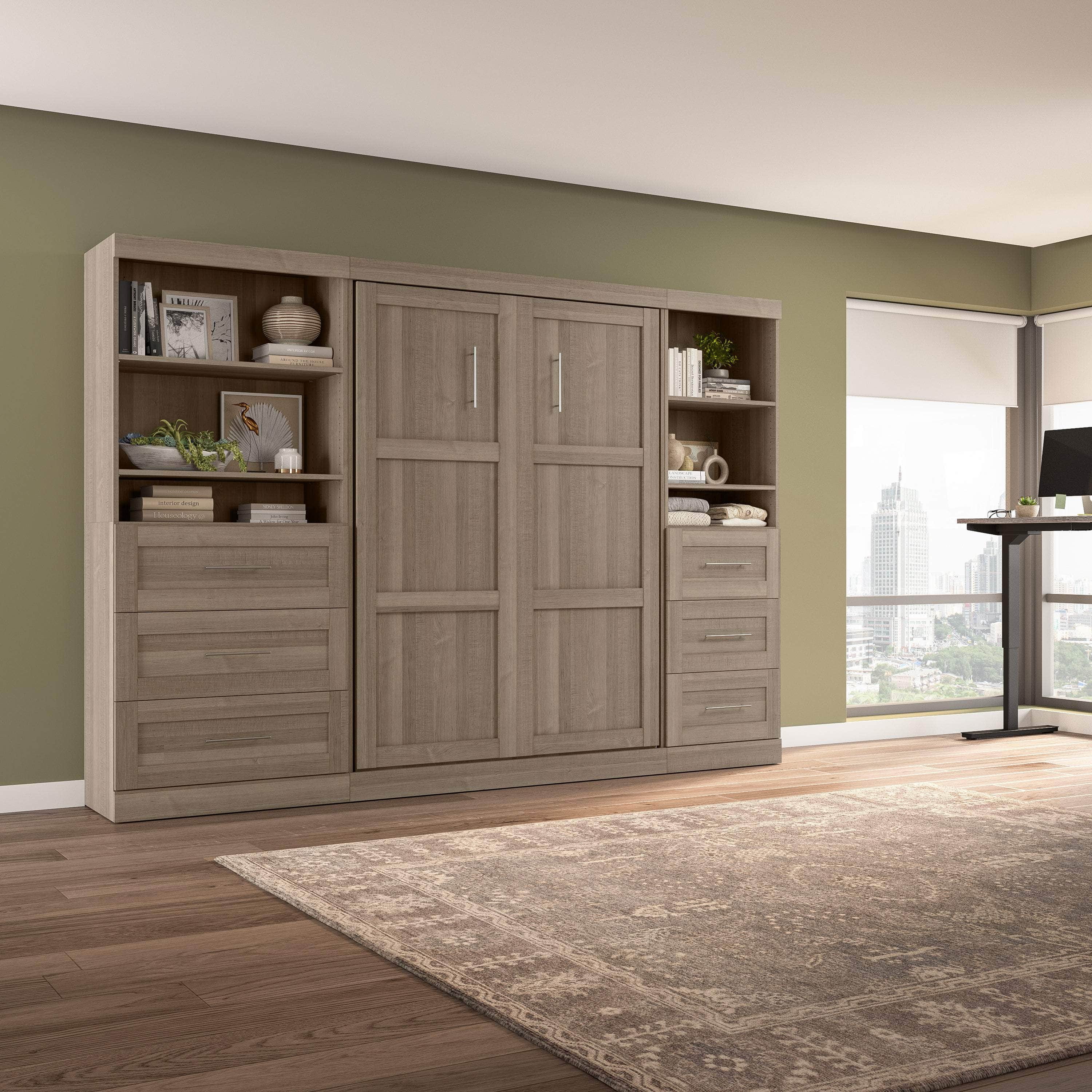 Pur Full Murphy Wall Bed with 2 Storage Units & Drawers (120 Inch) - 5 Color Options | Space-Saving Wall Bed for Small Apartments & Guest Rooms