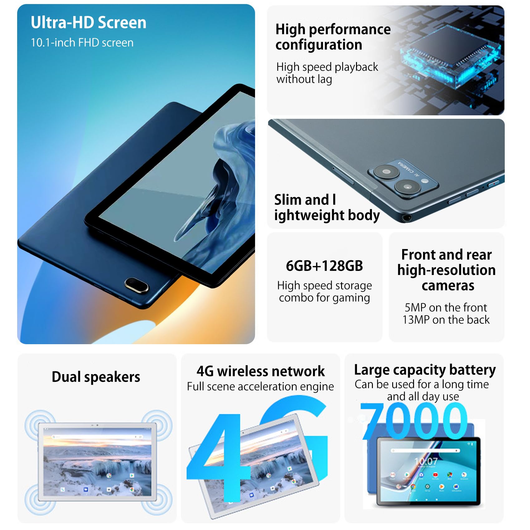 LNBEI 10.1 Inch Android Tablet with FHD Touch Screen - 6GB RAM 128GB Storage, 8-Core Processor, 5MP+13MP Dual Camera, 7000mAh Battery, 4G LTE, Android 13 - Portable Gaming & Entertainment Tablet for Work, School & Travel (YTG15 Blue)