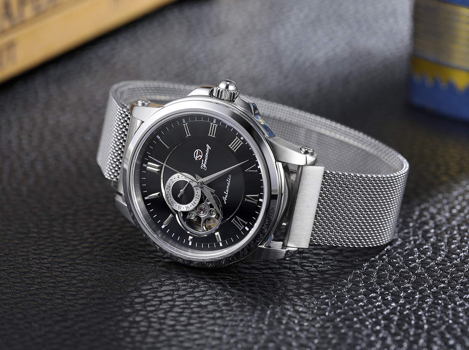 MASTOP Men's Automatic Skeleton Watch - Stainless Steel Mesh Band with Roman Numerals - Waterproof Mechanical Wristwatch for Business, Casual & Formal Occasions