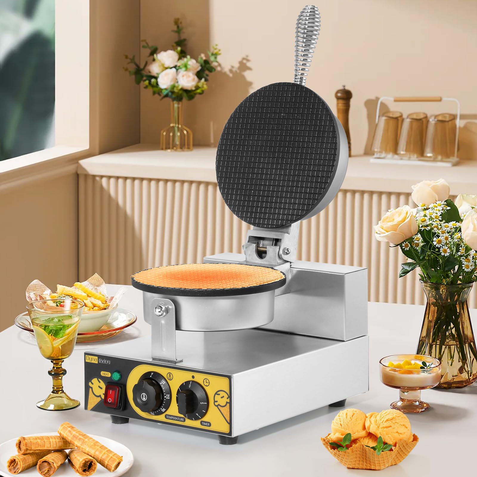 Dyna-Living Commercial Electric Waffle Cone Maker Machine - Stainless Steel Ice Cream Cone Baker for Restaurants, Bakeries & Home Kitchens (110V 1250W) - Perfect for Dessert Shops, Ice Cream Parlors & Snack Bars