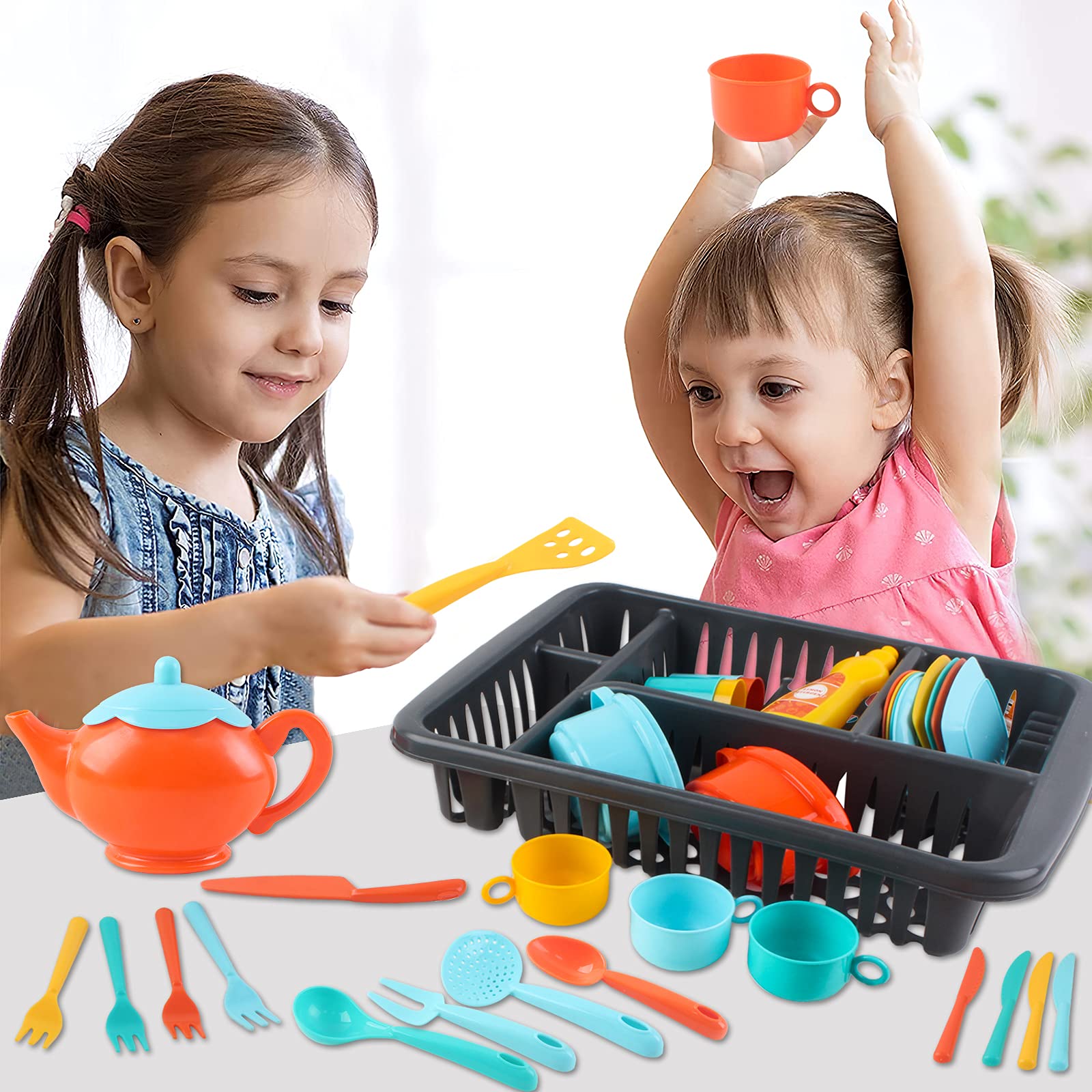 **41PCS Kids Pretend Play Kitchen Set - Durable Toy Dishes & Tableware with Drainer for Boys & Girls - Perfect for Role Play, Birthday Gifts & Early Learning Development**