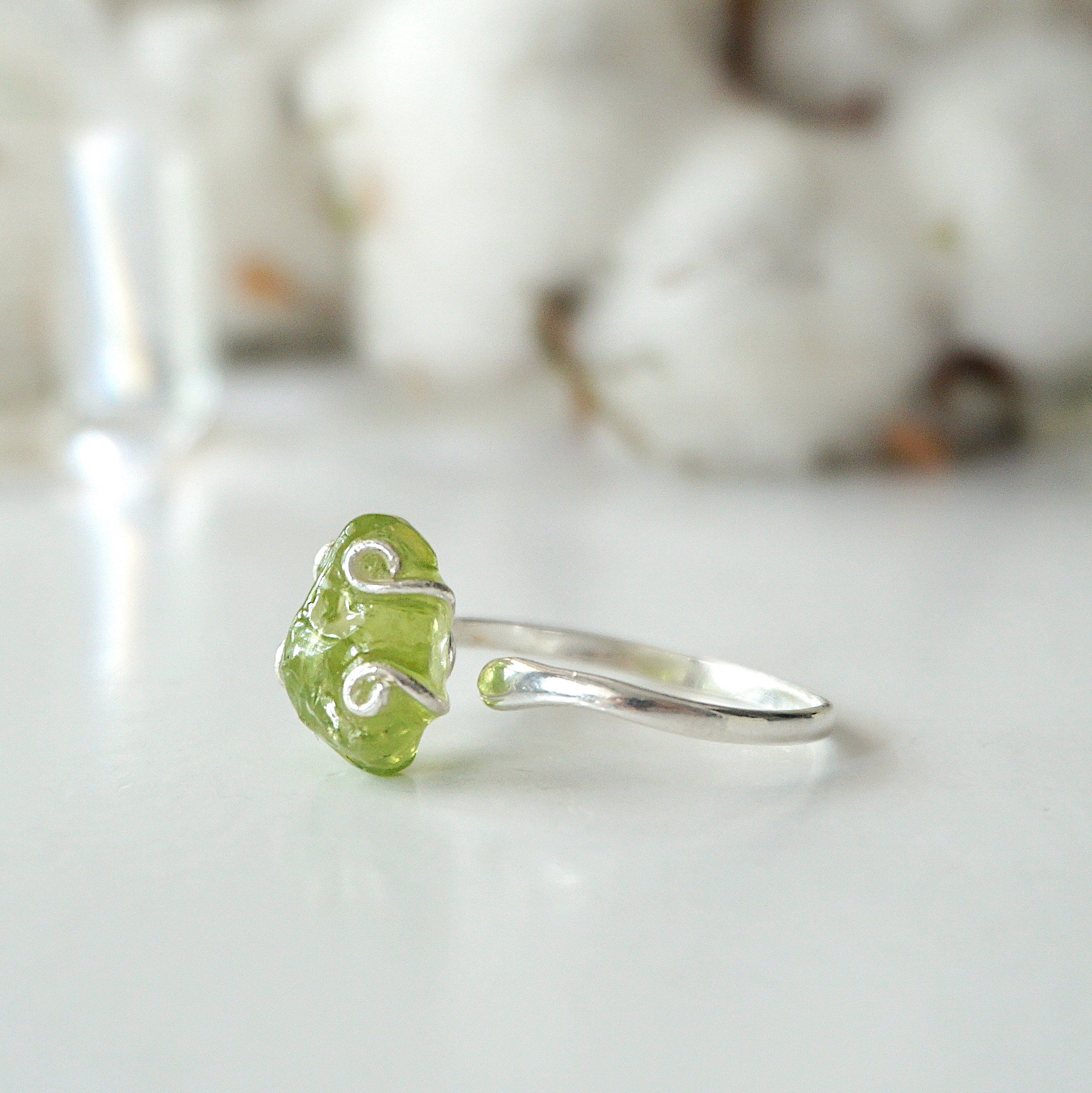Raw Green Peridot Crystal Adjustable Ring in Sterling Silver - Perfect for Boho Jewelry, Healing Crystal Gifts & Everyday Wear