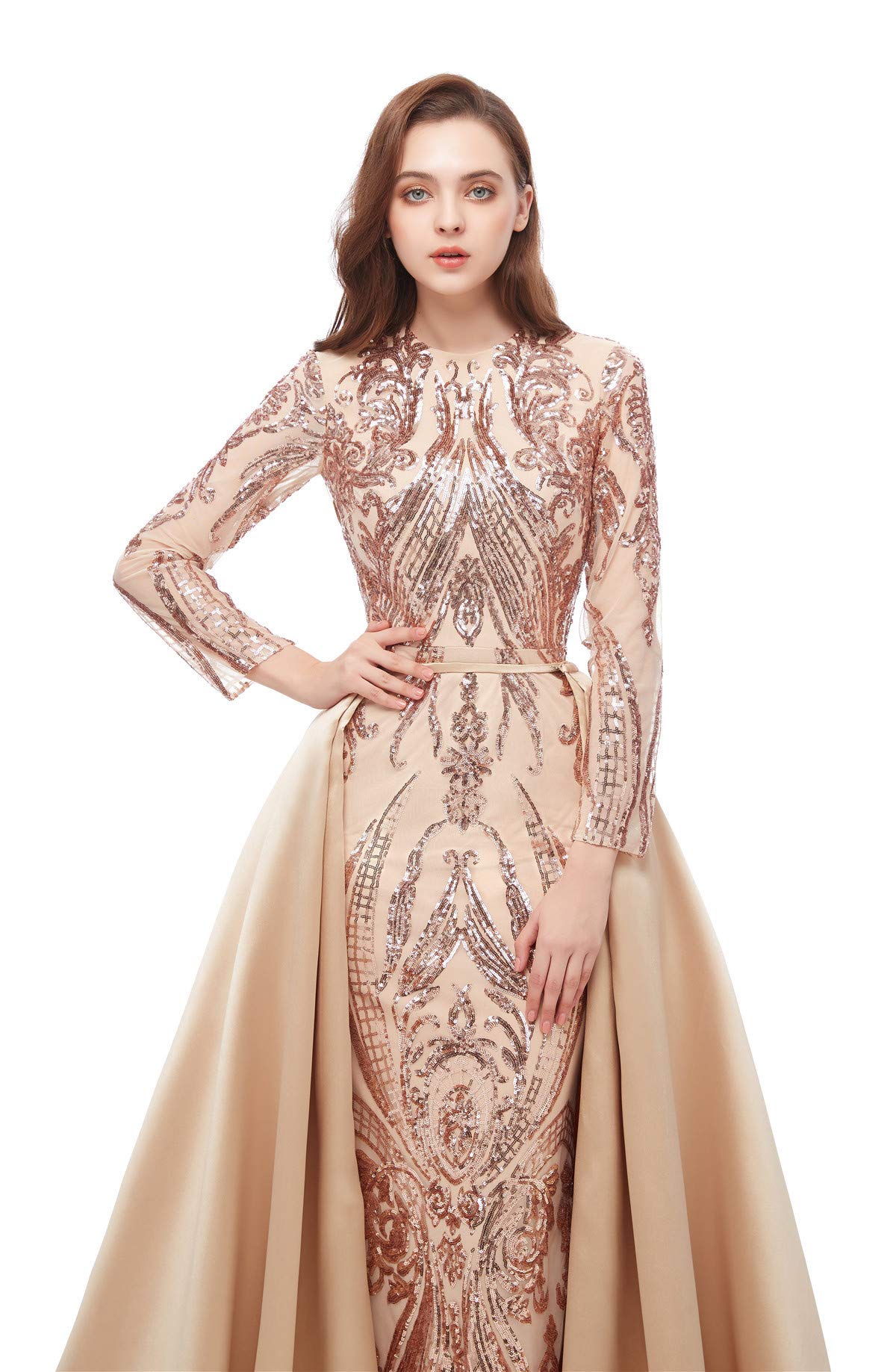 Elegant Women's Long Sleeve Sequin Mermaid Evening Dress with Detachable Train - Formal Party Gown for Prom, Wedding, Red Carpet & Special Occasions