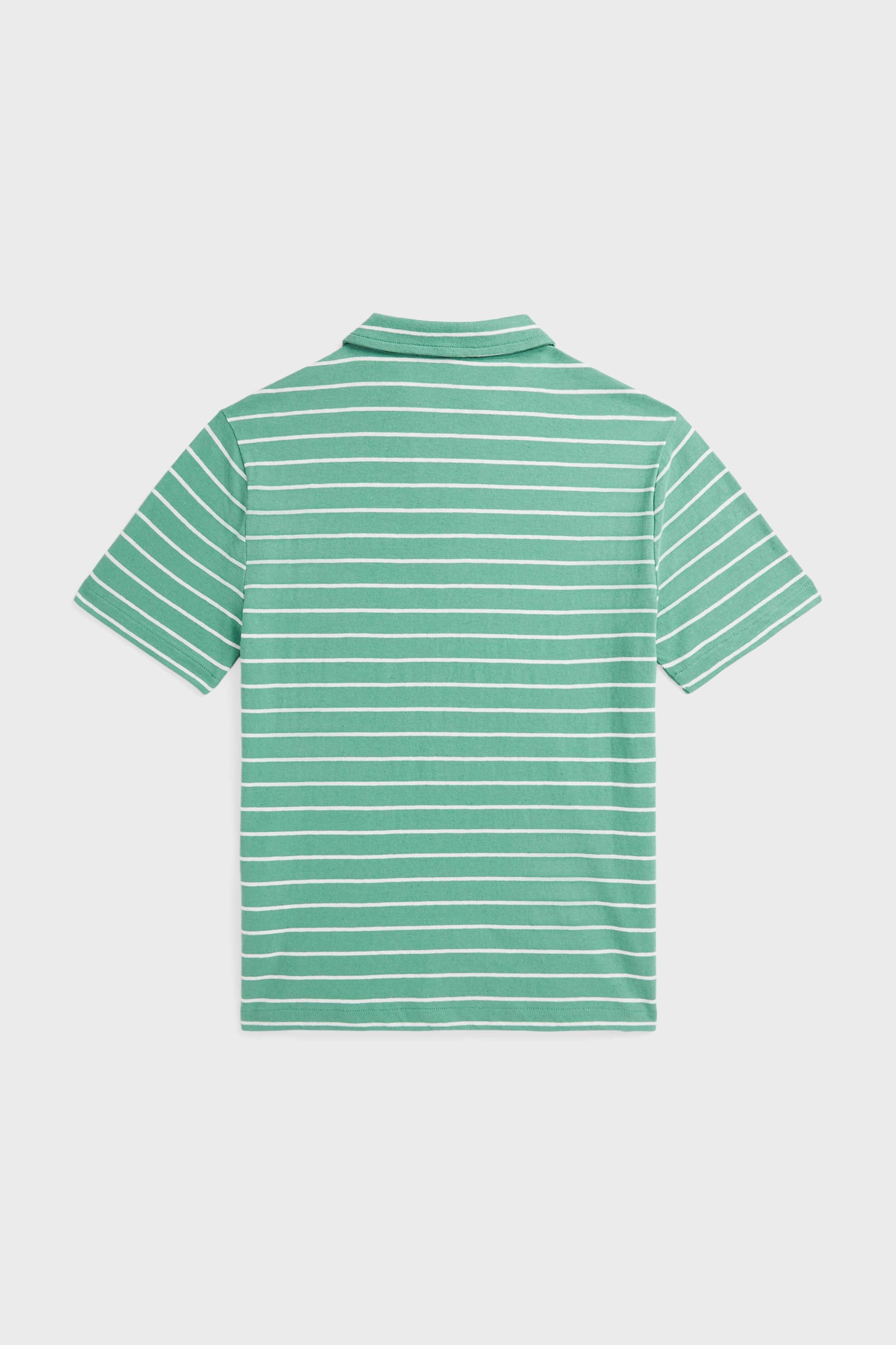 Boys Green Short Sleeve Cotton Linen Striped Polo Shirt with Johnny Collar - Perfect for Summer Outings, School and Casual Wear