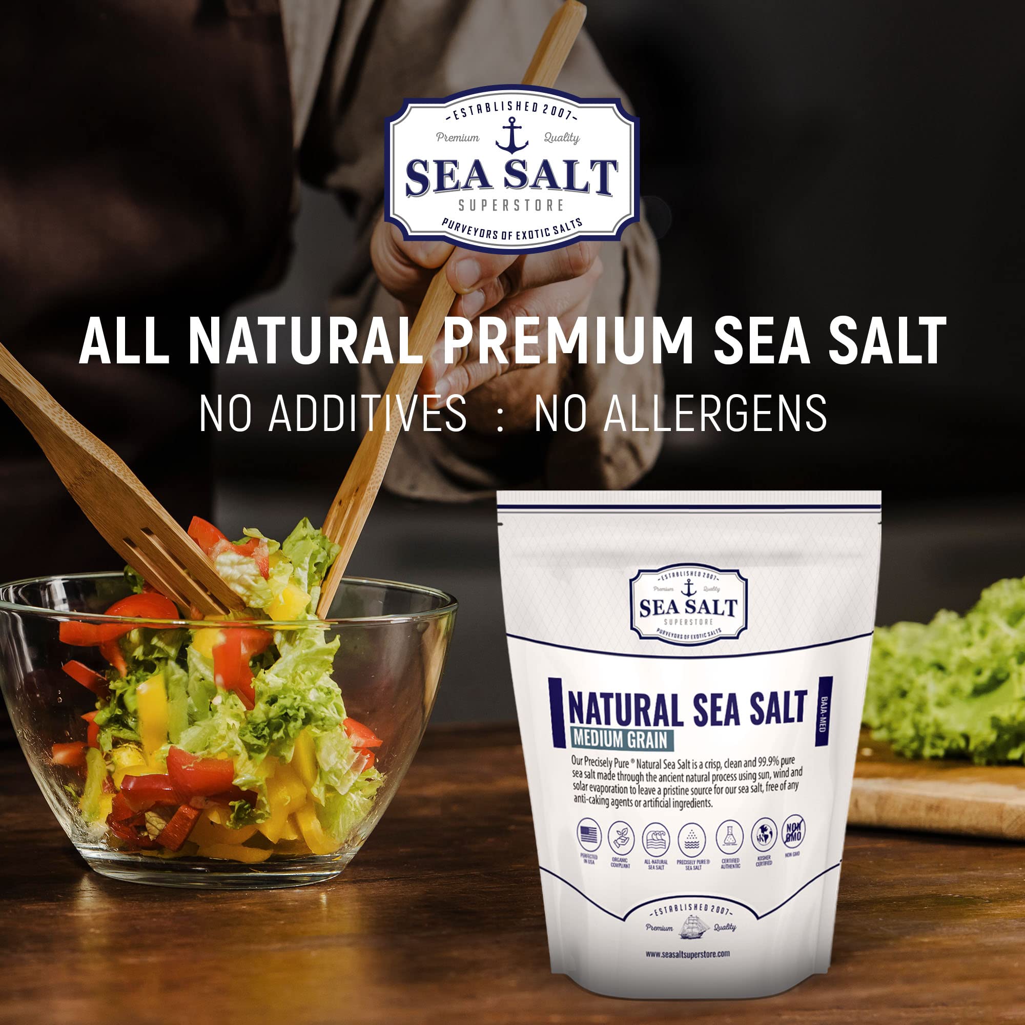 Premium Natural Medium Grain Sea Salt - Gluten-Free, No Artificial Additives, Bulk 20lb for Cooking, Baking & Food Preservation | Sea Salt Superstore