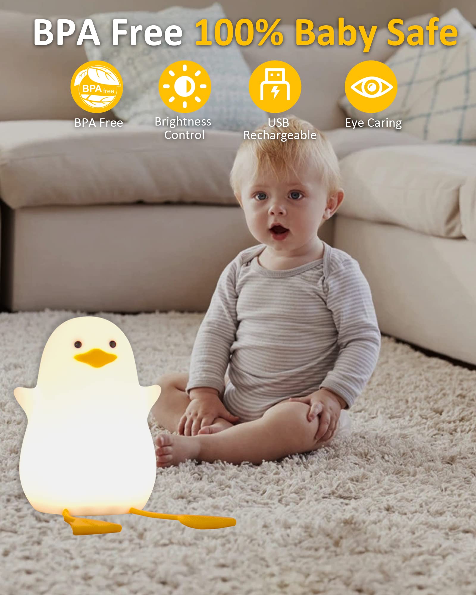 Attivolife Cute Duck Night Light for Kids - Touch Control Dimmable LED Silicone Lamp with Timer, USB Rechargeable Nursery Nightlight for Baby Toddler Women | Bedroom Decor, Feeding Light, Birthday Gift Idea