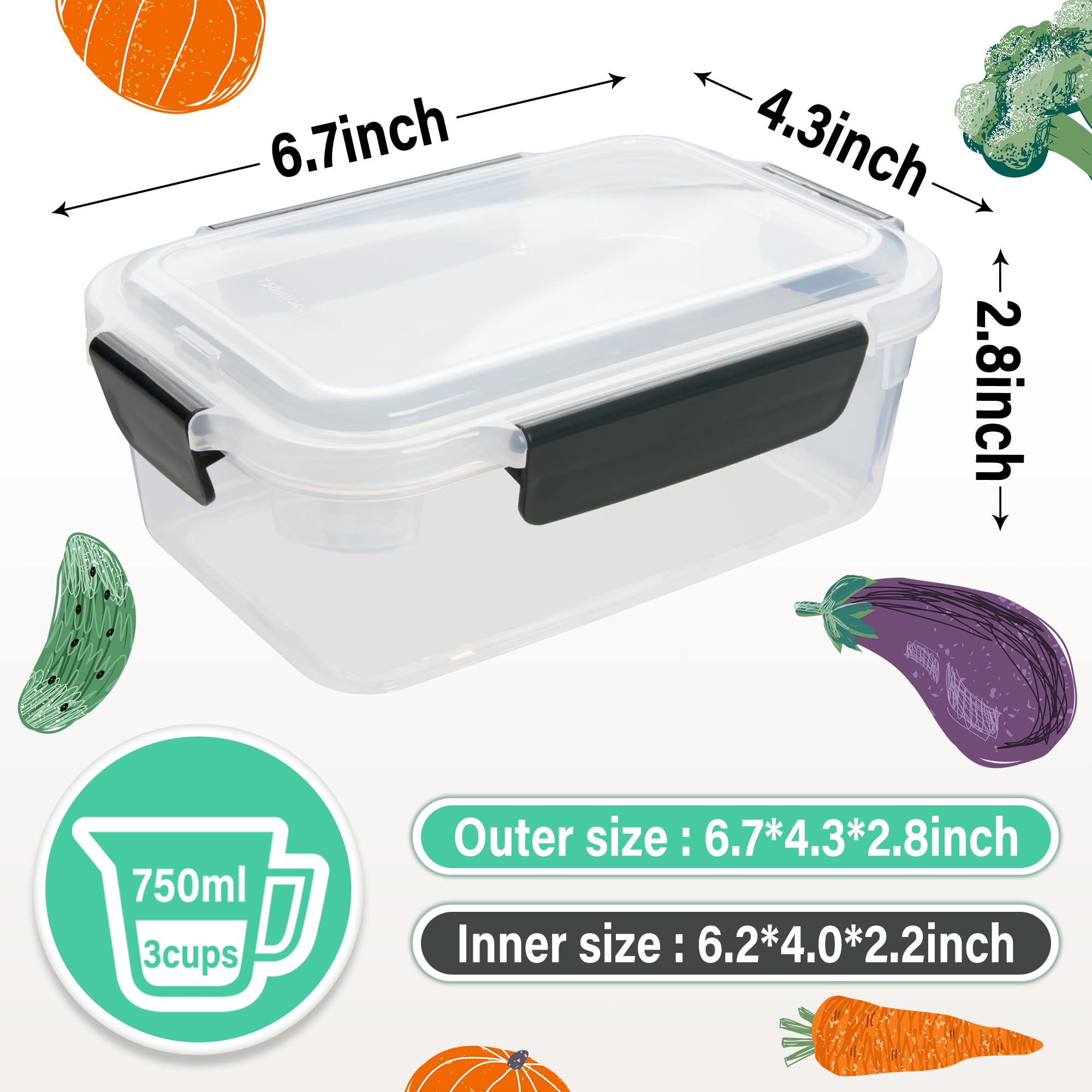 YORY 5-Pack 3-Cup Plastic Food Storage Containers with Lids - Freezer & Dishwasher Safe, BPA-Free, Nestable Rectangle Meal Prep Containers for Leftovers, Lunch, Meal Prepping & Kitchen Organization