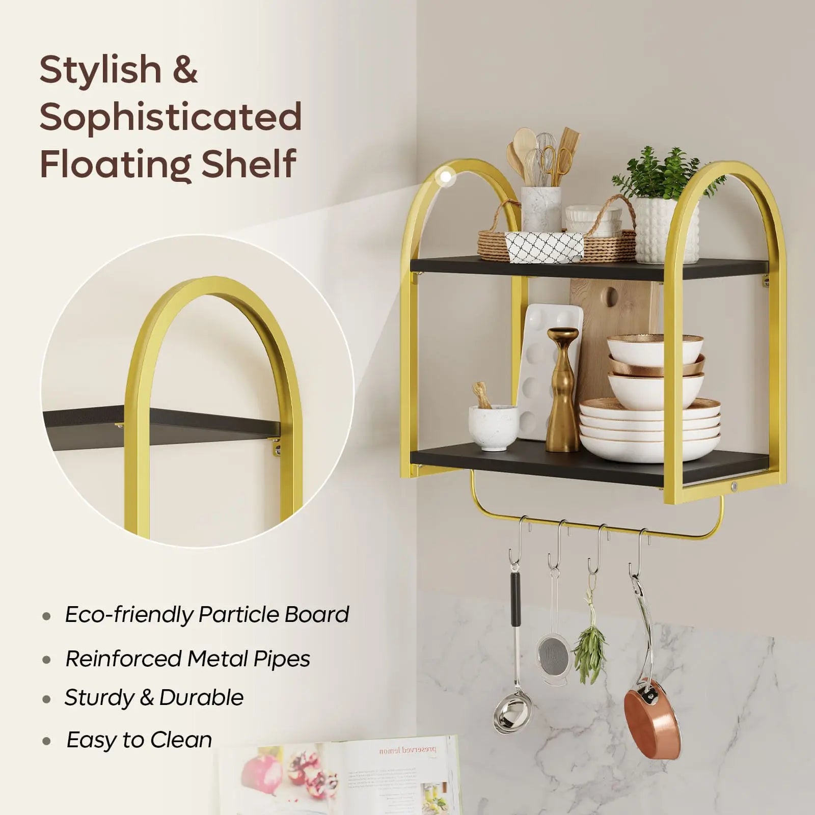 Bestier 2 Tier Floating Shelves with Towel Bar & Hooks - Rustic Wood Wall Shelves for Bathroom, Kitchen & Bedroom Organization - Perfect for Towels, Decor & Storage