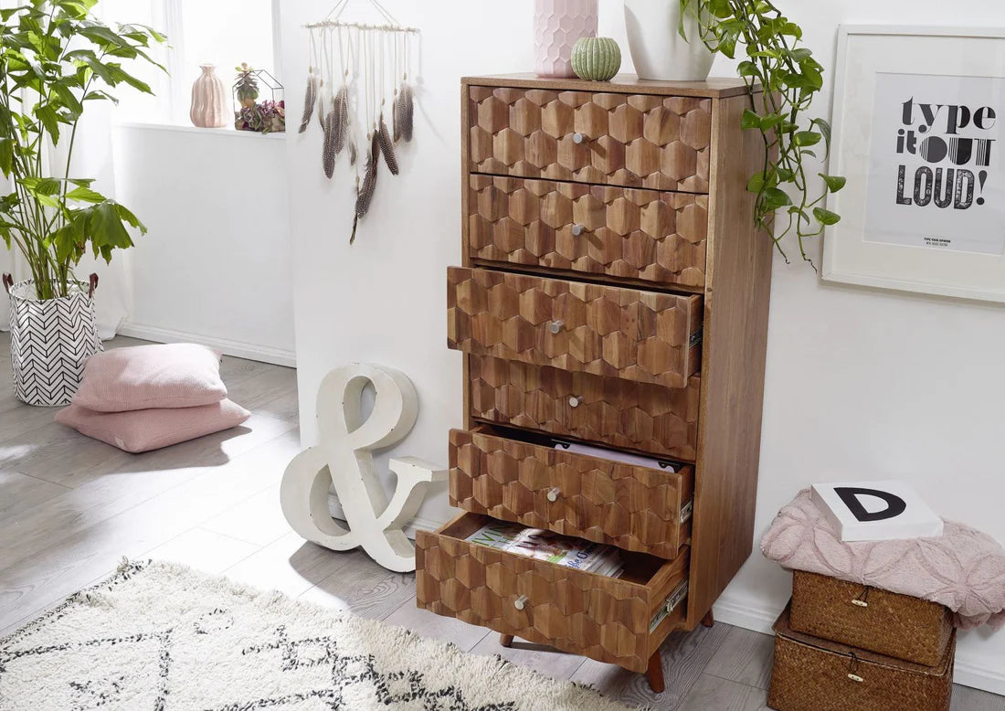 Gfine 6-Drawer Solid Acacia Wood Dresser 53x42x128cm - Perfect for Bedroom Storage & Closet Organization