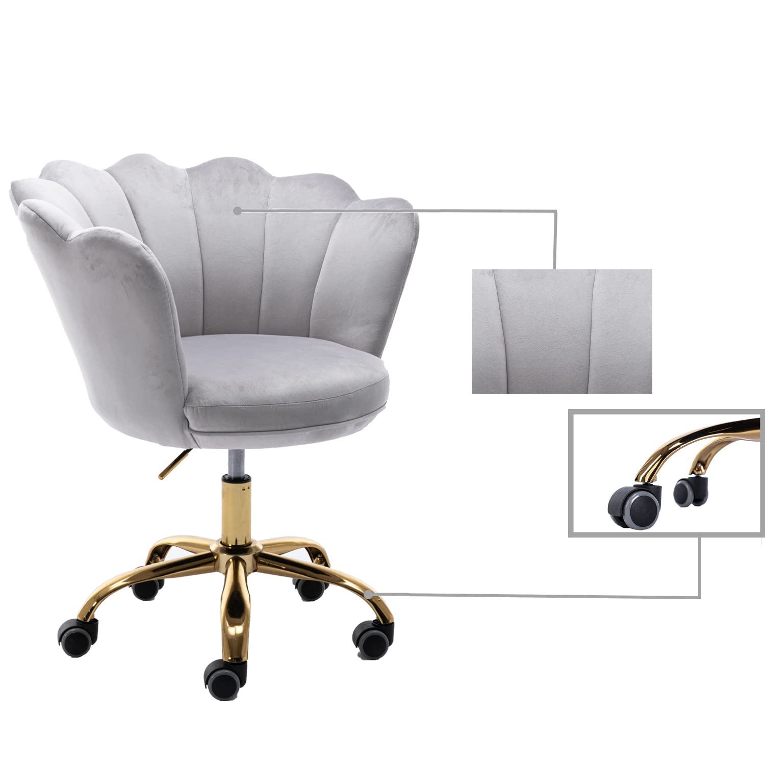 Ergonomic Home Office Chair with Wheels & Swivel - Adjustable Height Velvet Desk Chair for Work, Study, Gaming - Perfect for Living Room, Bedroom Vanity & Makeup Station (Light Grey)
