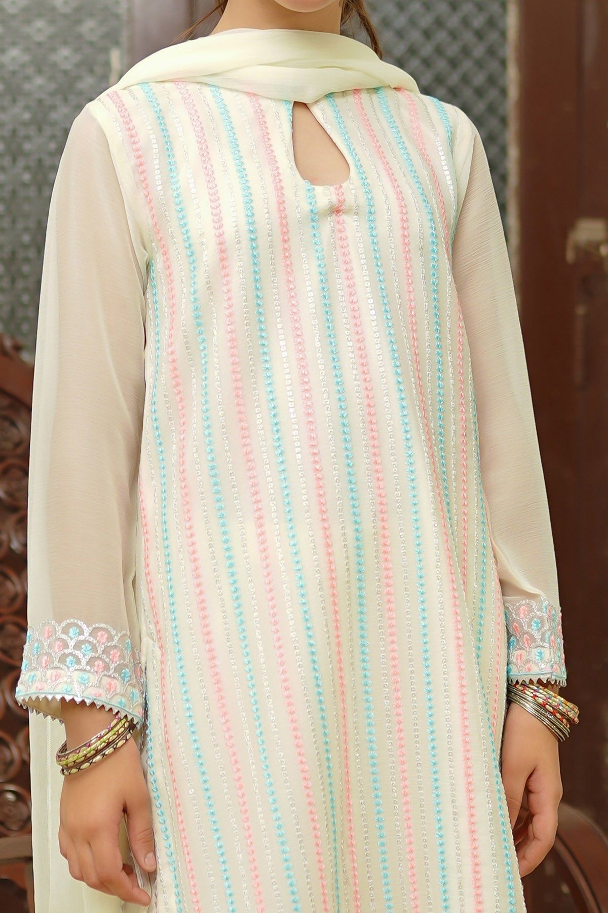 Elegant Chiffon Embroidered Off-White 3-Piece Stitched Suit in Ochre | Perfect for Weddings, Parties & Special Occasions