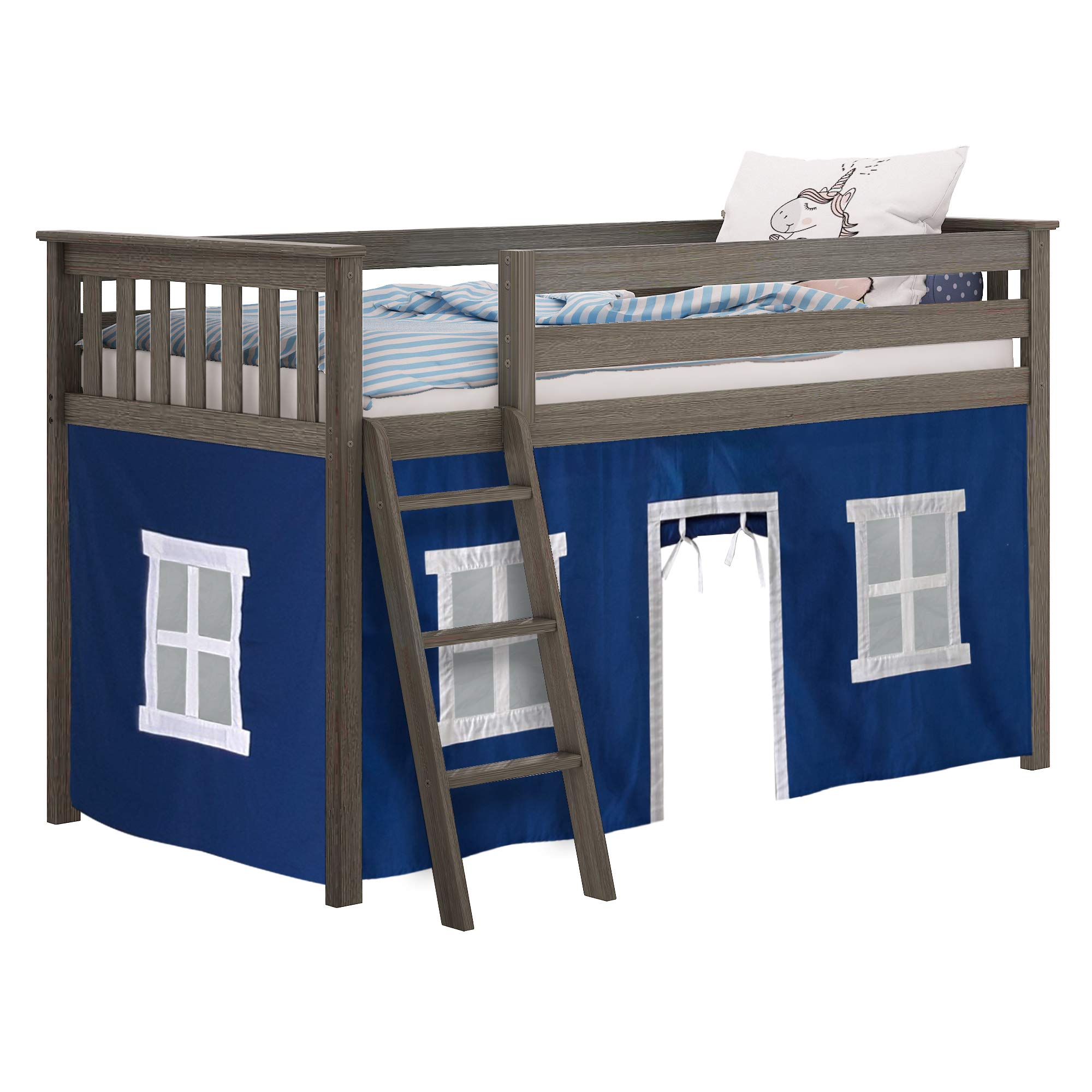 Max & Lily Low Loft Twin Bed Frame for Kids with Bottom Curtains - Clay & Blue Color | Space-Saving Kids Bedroom Furniture for Small Rooms & Play Areas