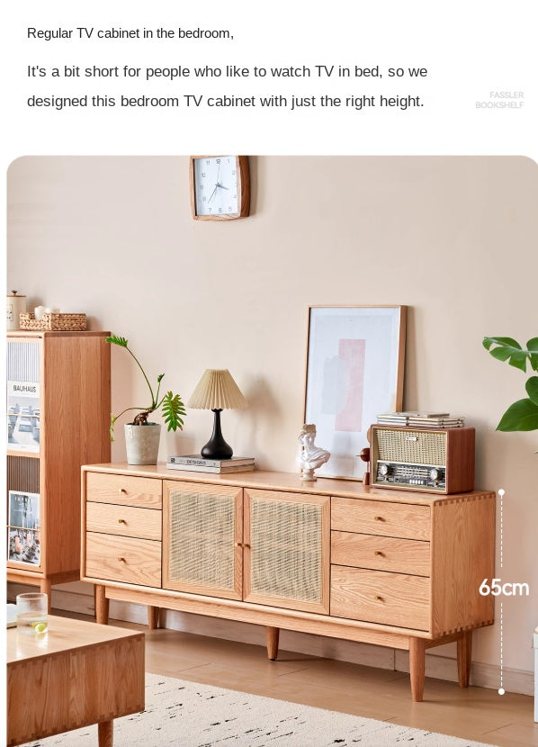 Modern Oak Solid Wood Rattan TV Stand with Storage - Entertainment Center for Living Room, Bedroom & Home Theater Setup