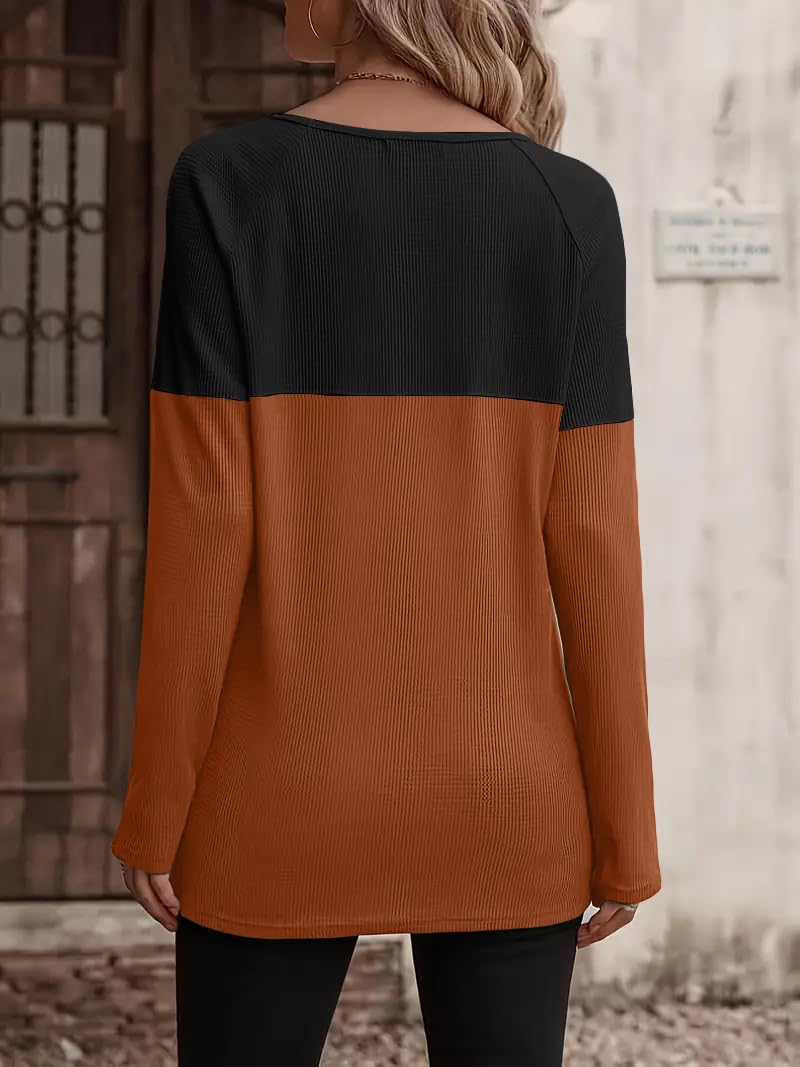 Zeagoo Women's Long Sleeve Waffle Knit Colorblock Tunic Top with Button Detail - Casual Fall Layering Shirt for Work, Date Night & Weekend Outfits