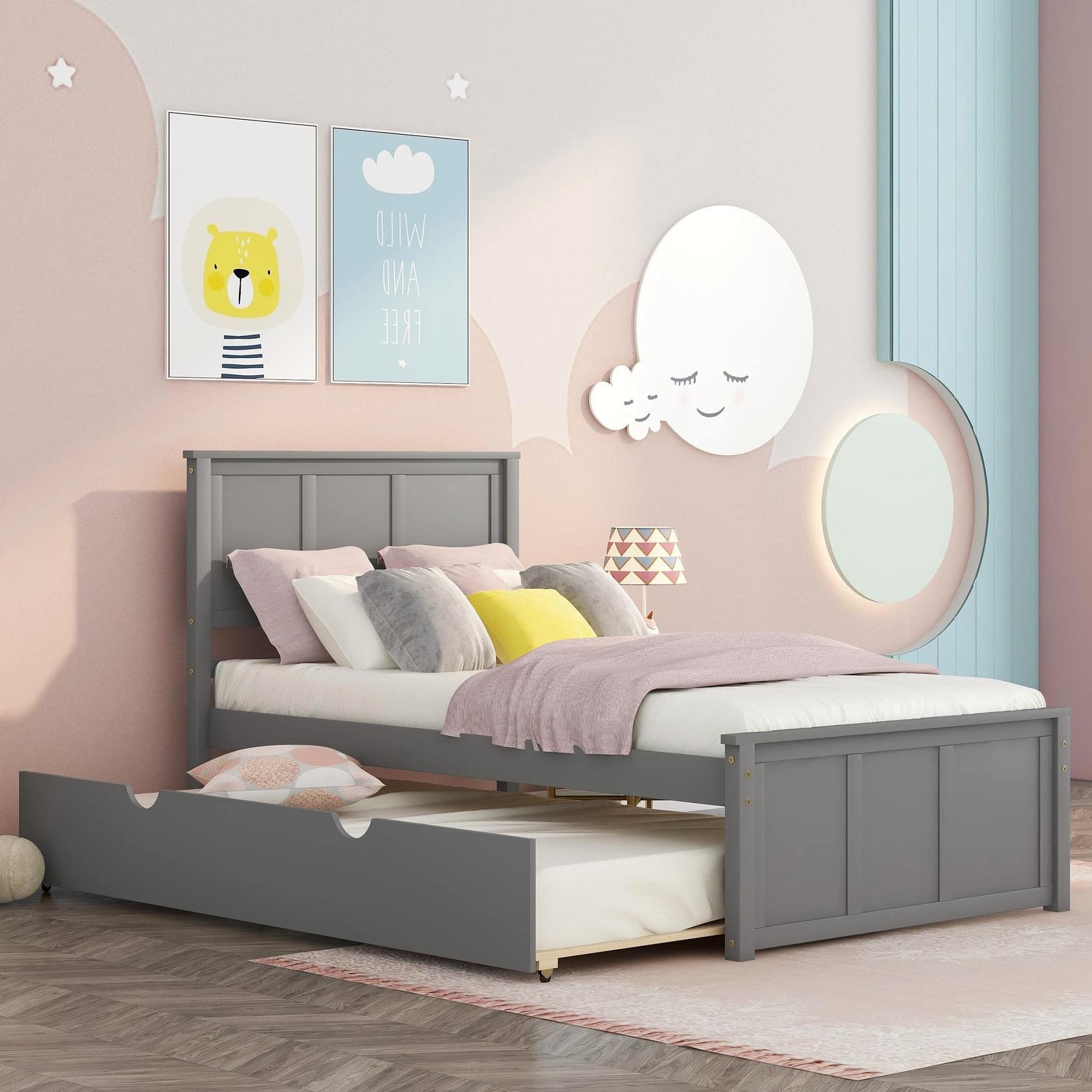 Harper & Bright Designs Solid Wood Twin Bed Frame with Pull-Out Trundle - No Box Spring Needed, Grey - Perfect for Kids' Bedroom, Guest Room & Space-Saving Solutions
