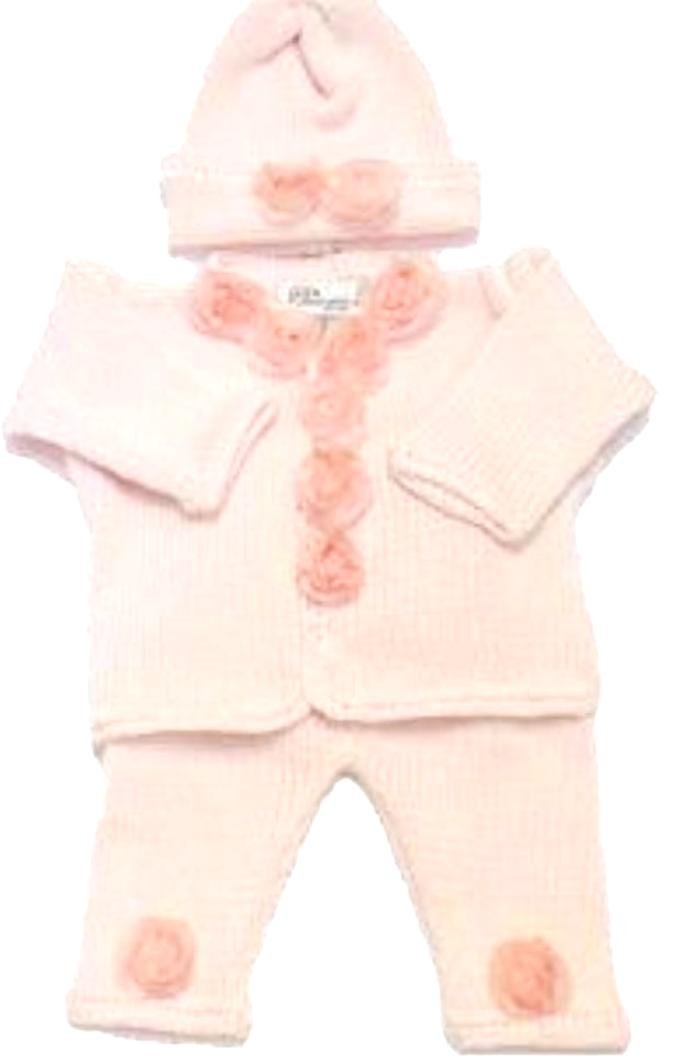 Handmade Pink Cotton Knit & Crochet Sweater Pant Hat with Chiffon Roses - Perfect for Baby Shower, Newborn Photo Shoot & Winter Outfit Accessories