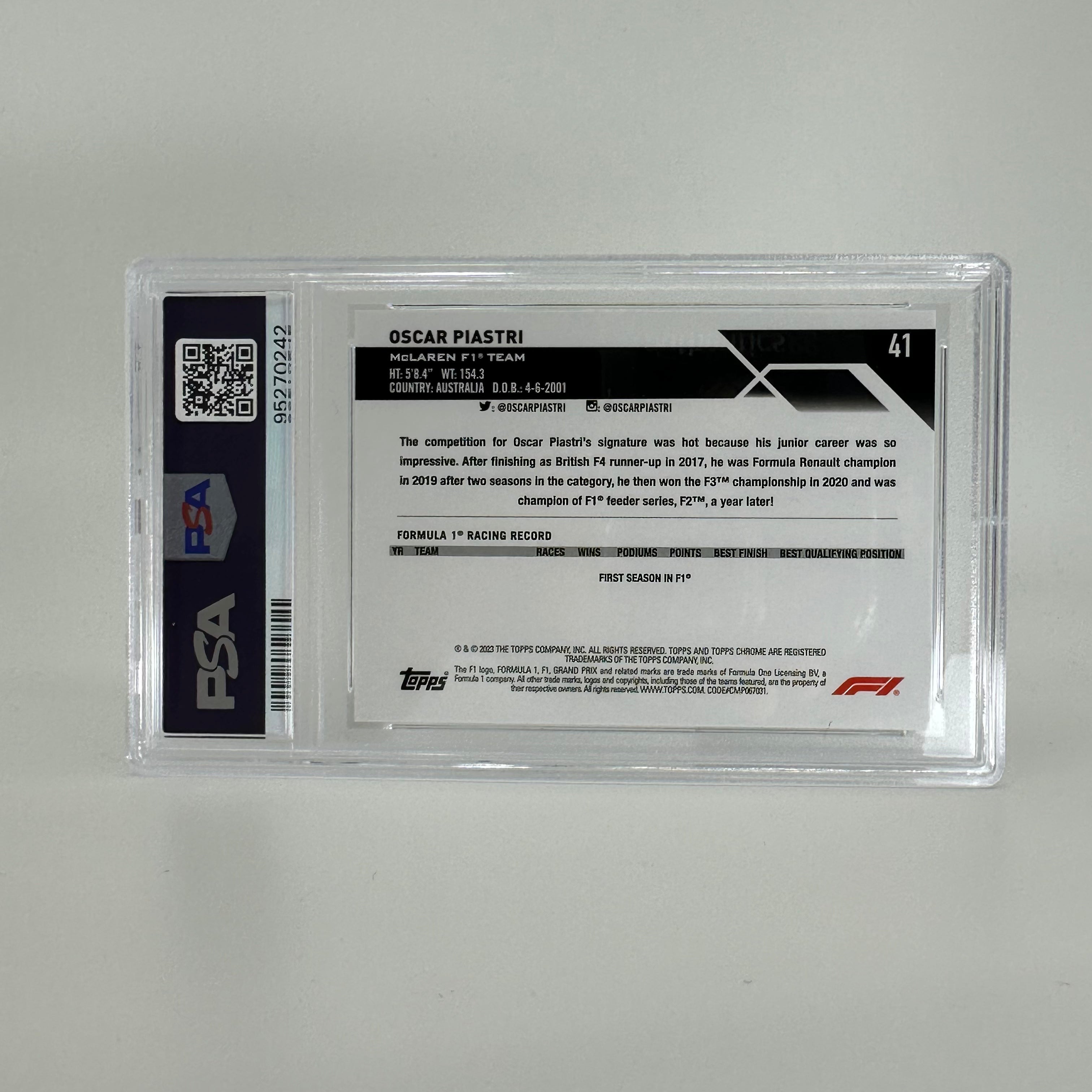 2023 Topps Chrome F1 Oscar Piastri #41 Sapphire Edition PSA 9 Rookie Card - Perfect for F1 Collectors & Racing Fans Display