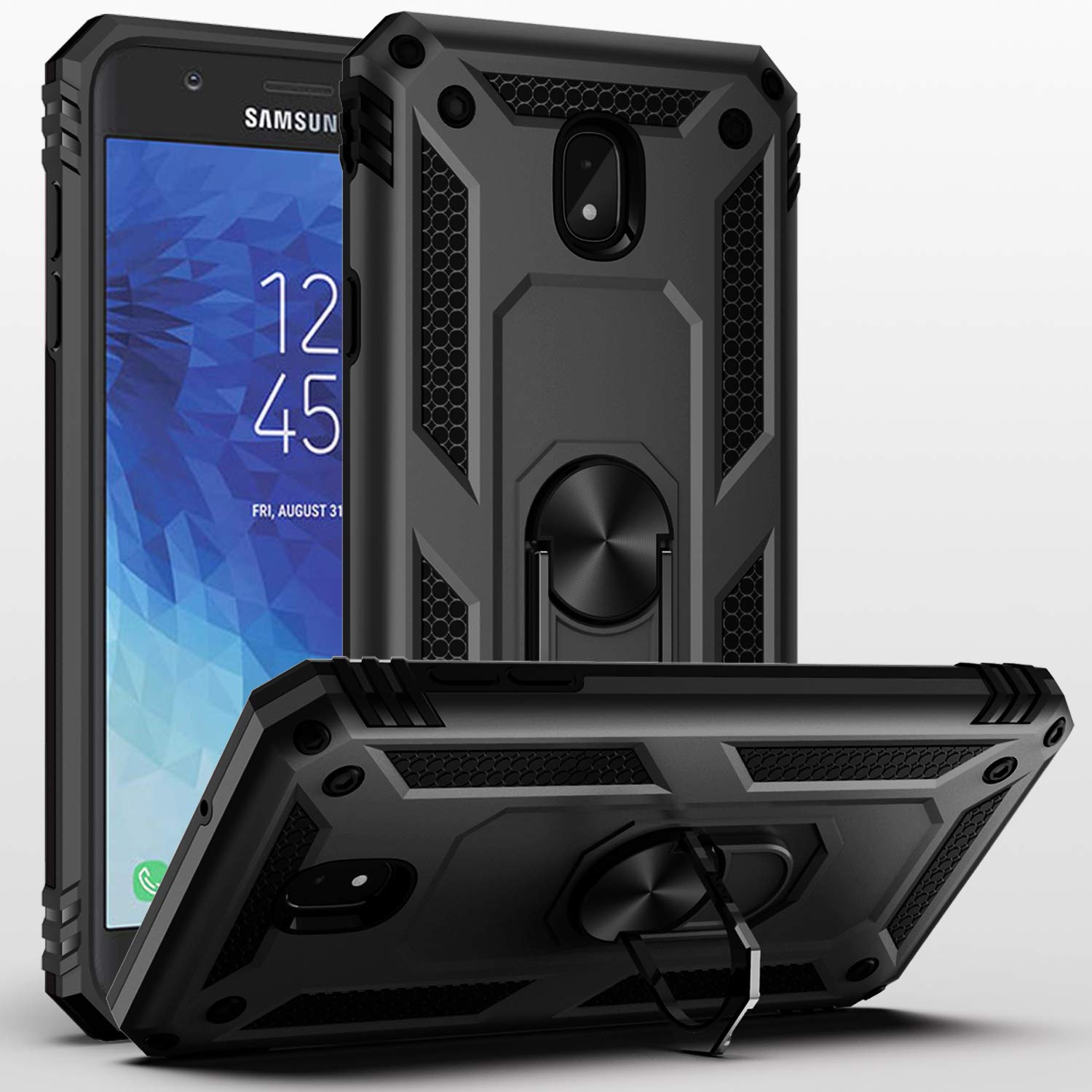 360° Rotating Ring Holder Kickstand Case for Samsung Galaxy J7 2018/J7 Aero/J7 Top/J7 Crown/J7 Aura/J7 Refine/J7 Star/J7 Eon - Shockproof Protective Phone Cover with Stand - Perfect for Work, Travel & Daily Use (Black)