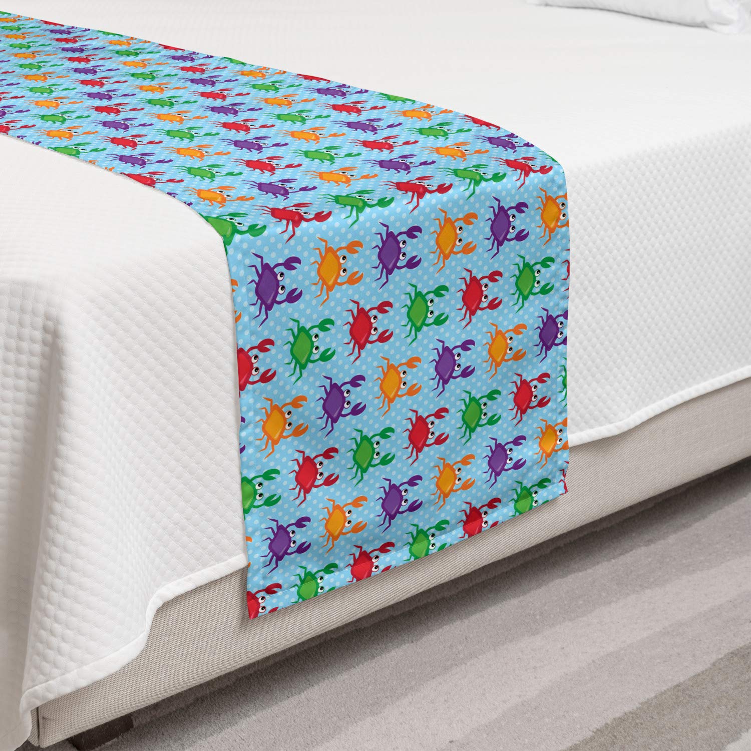 Ambesonne Crabs Bed Runner - Cartoon Art Style Blue Background with Bubbles Print, Decorative Accent Bed Scarf for Hotels, Homes & Guest Rooms | Perfect for Coastal, Nautical or Beach Themed Bedroom Decor
