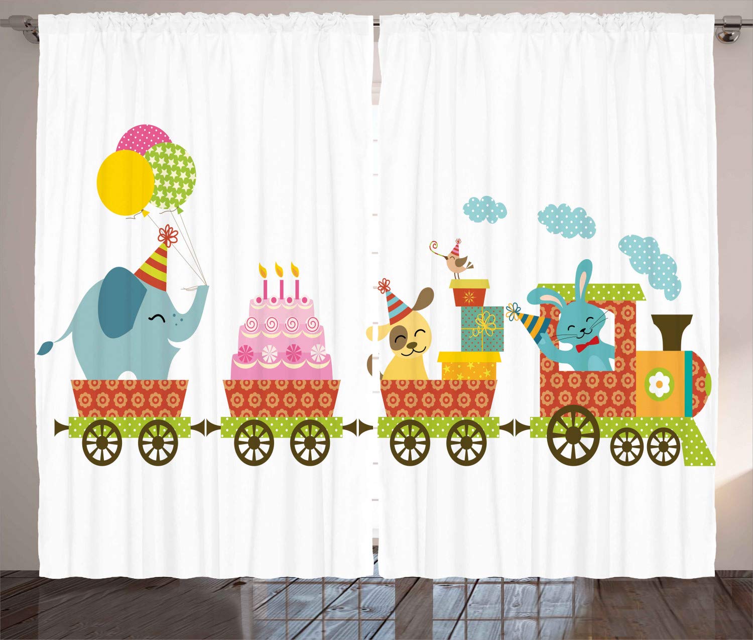 Ambesonne Birthday Party Curtains - Happy Cartoon Cake Dessert Animals Balloons Party Train Design, 2 Panel Window Drapes for Living Room & Bedroom, 108