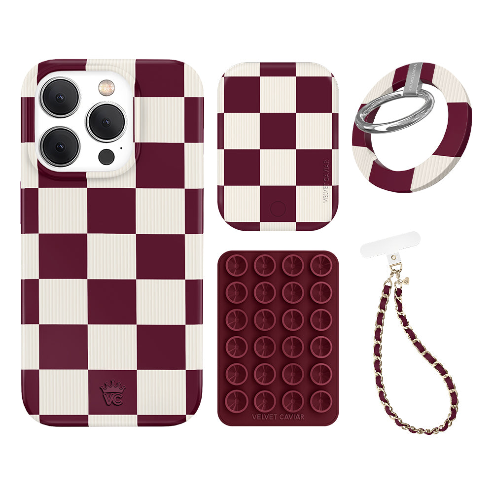 Burgundy Checkered iPhone Case with Grip - Stylish Protective Phone Cover for iPhone 13/14/15 - Perfect for Everyday Use, Travel, and Work