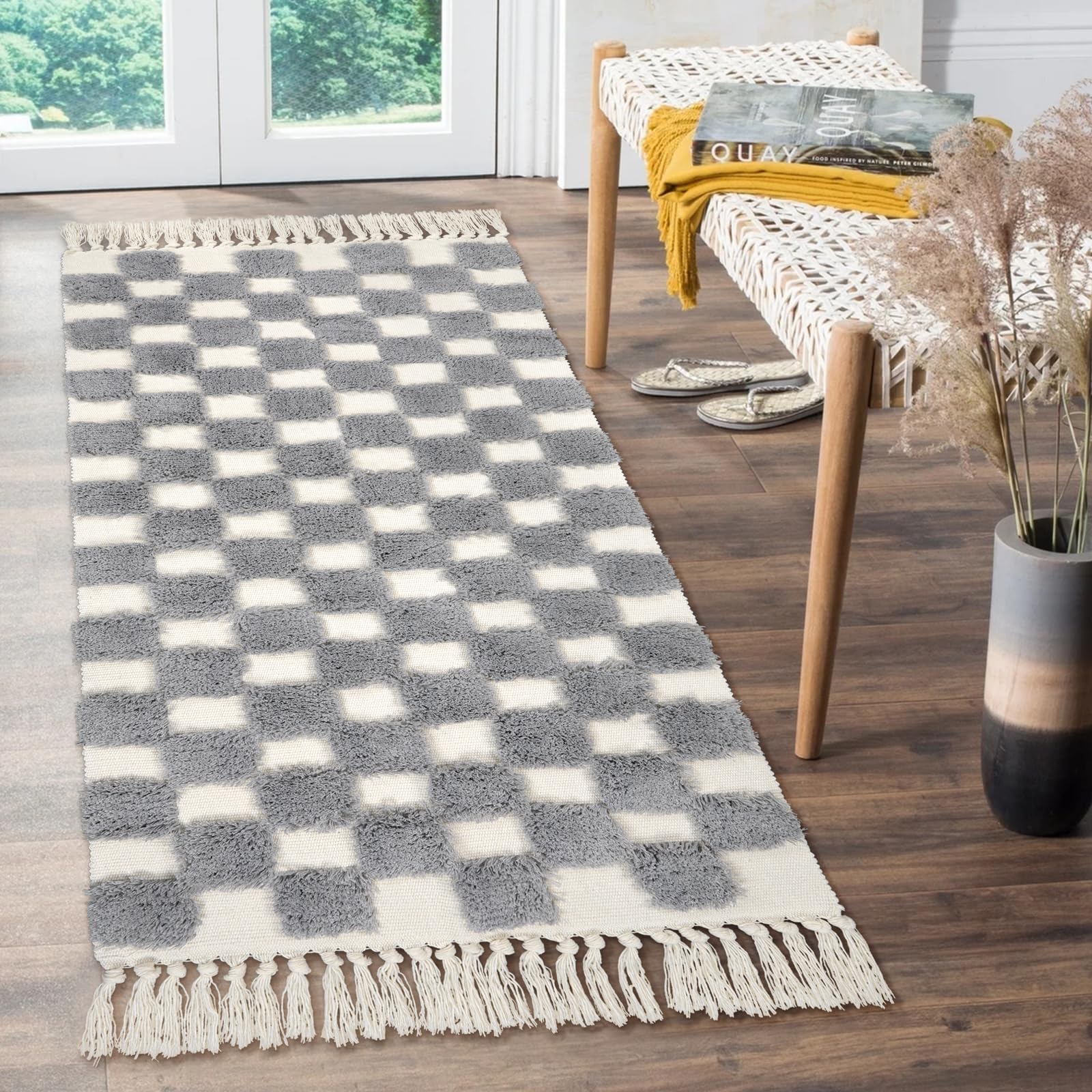 Lanffia Boho Runner Rug 2x5 - Washable Grey Checkerboard Tufted Kitchen Rug with Tassels | Bohemian Cotton Woven Accent Rug for Home, Living Room, Bedroom, Laundry & Bathroom | Perfect for Farmhouse, Apartment & Dorm Decor