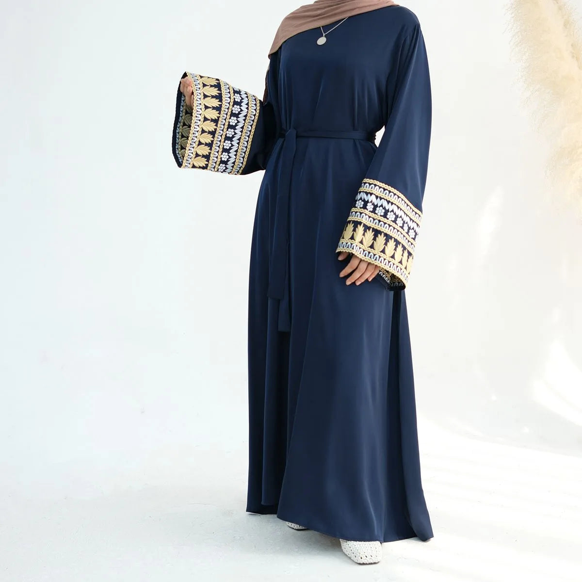 Elegant Satin Abaya Dress with Embroidery Cuff - Modest Islamic Clothing for Women | Perfect for Prayer, Eid, and Special Occasions