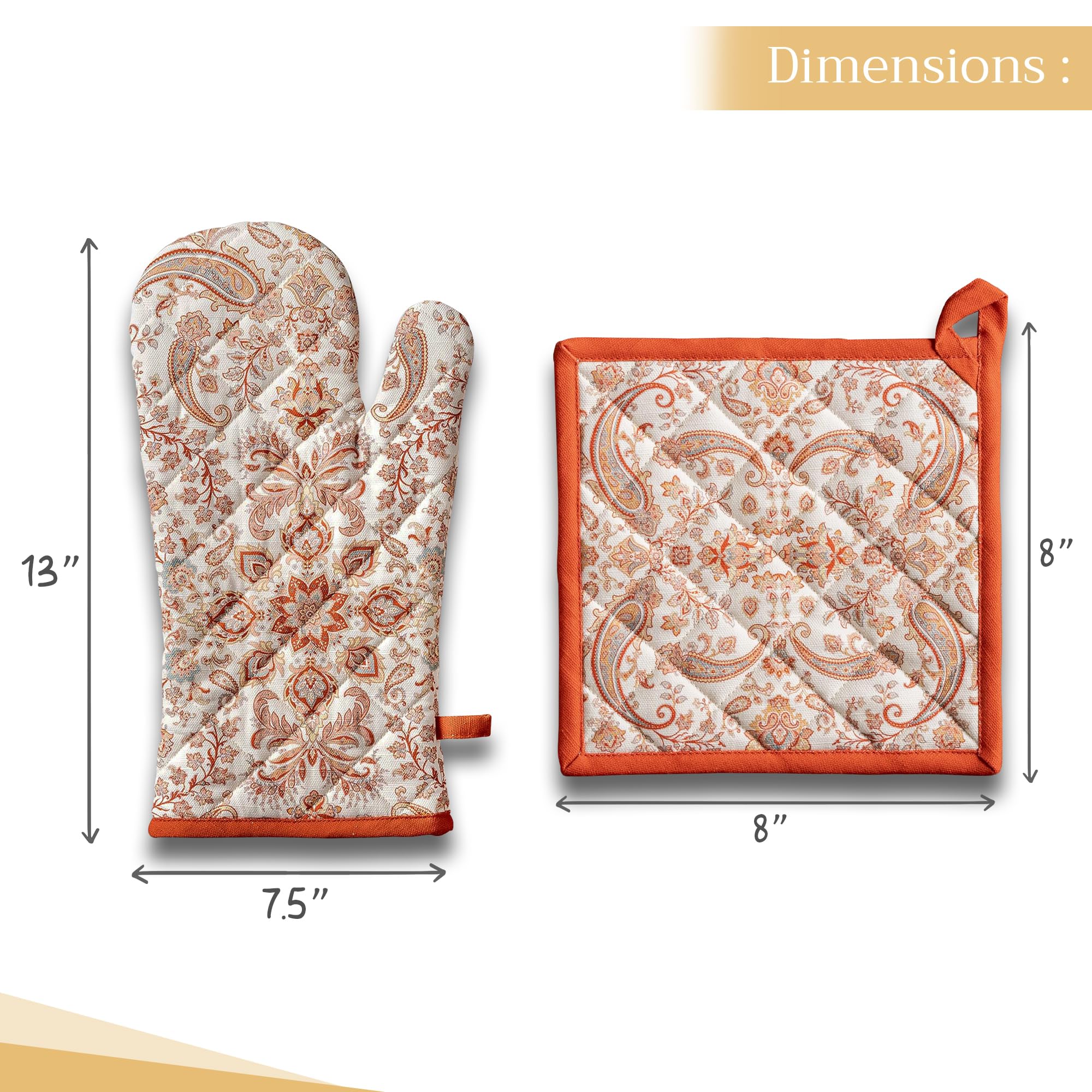 Hermine Cotton Oven Mitt & Pot Holder Set - Thick Heat-Resistant Kitchen Gloves (7.5x13 & 8x8 Inches) for Baking, BBQ, Cooking - Soft Durable Cachemire Material - Perfect for Thanksgiving, Christmas & Holiday Cooking Gifts
