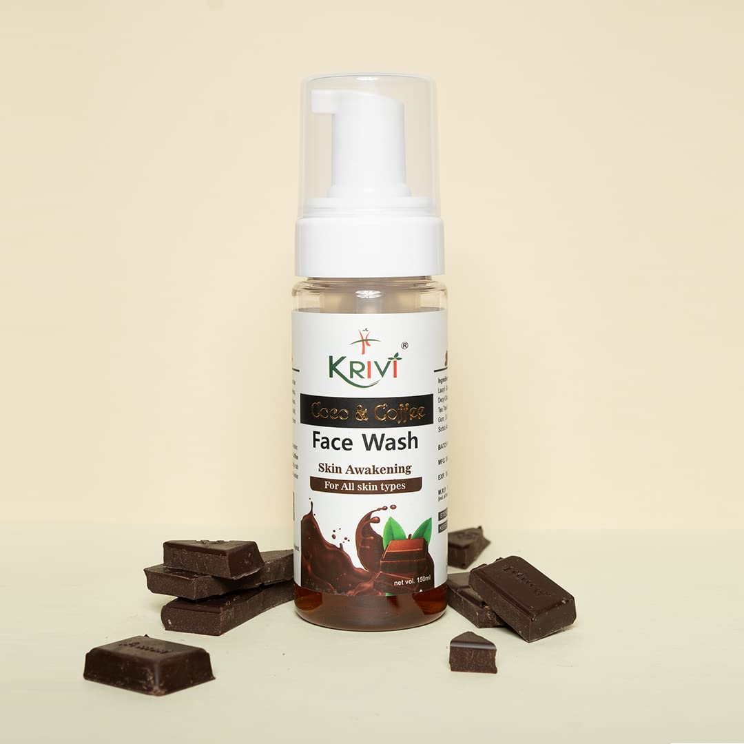 KRIVI Natural Brightening Face Wash with Coconut Extract, Coffee Extract, Vitamin E, Tea Tree Oil & Vitamin B5 - Paraben-Free 150ml for Glowing Skin | Daily Cleansing & Hydration for All Skin Types