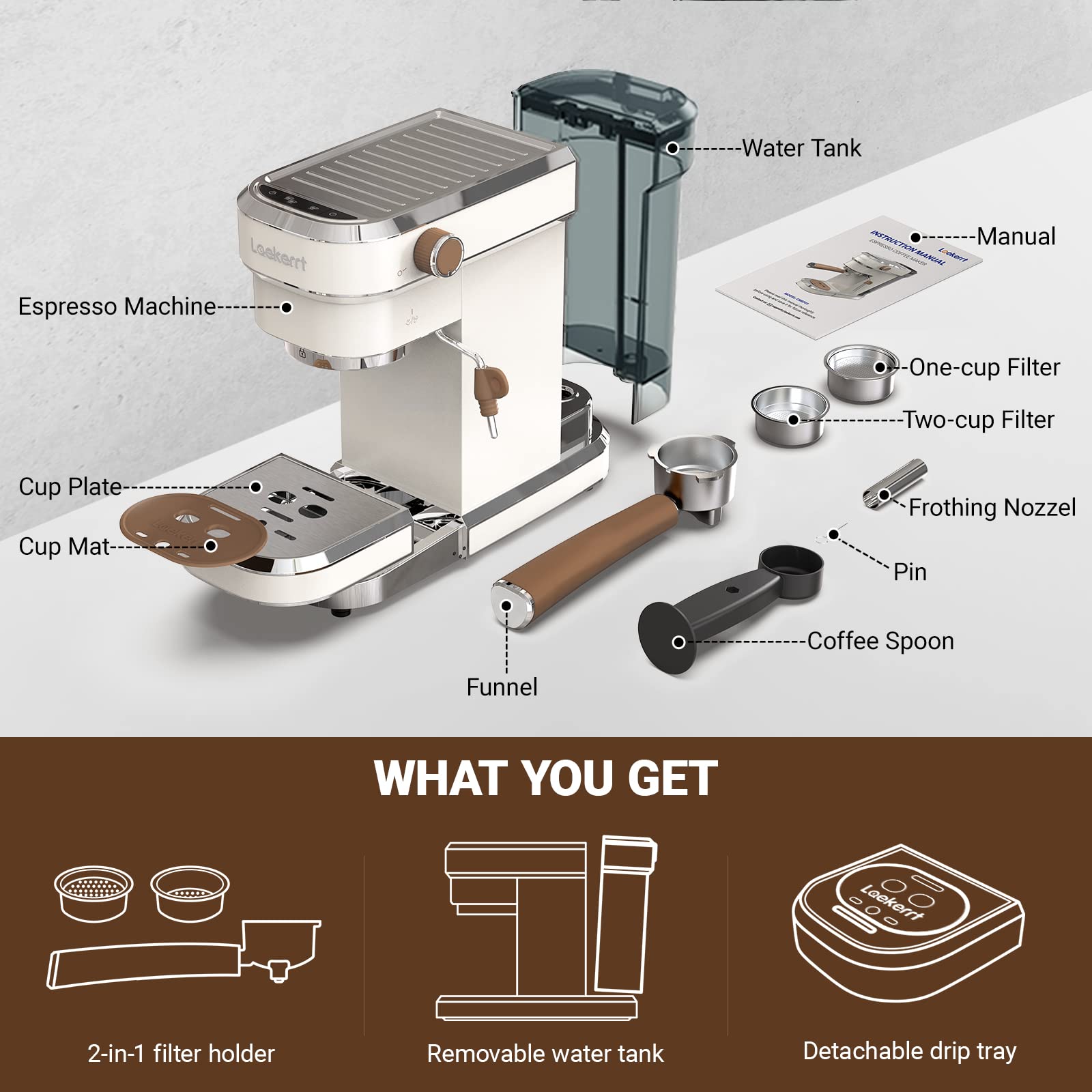 Laekerrt 20 Bar Espresso Machine with Milk Frother - Compact Stainless Steel Coffee Maker for Home, Perfect for Latte & Cappuccino - Ideal for Small Kitchens, Office Use, and Coffee Enthusiasts (White)