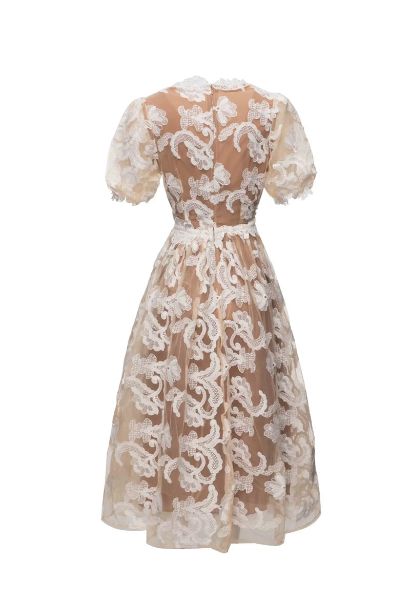 Alisa Mesh Embroidered Puff Sleeves Midi Dress in Beige - Elegant Boho Chic Dress for Summer Weddings, Garden Parties & Date Nights