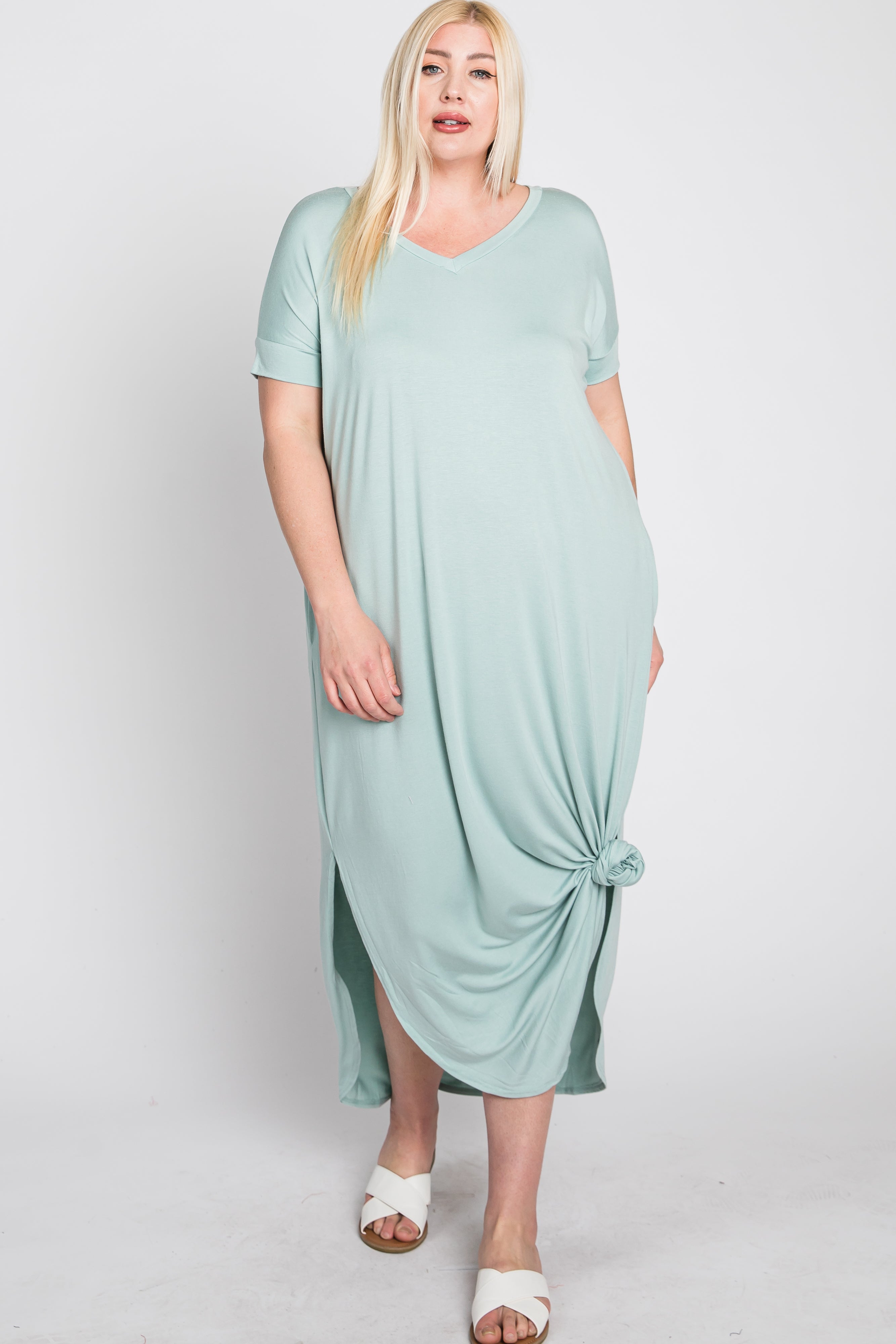 Stylish Aqua Side Slit Maternity Maxi Dress for Plus Size Women - Perfect for Pregnancy, Nursing & Special Occasions