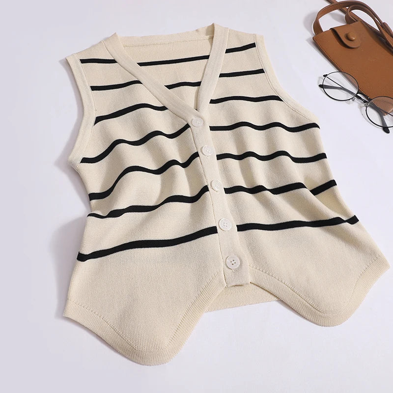 Black Beige Patchwork Stripe Two Piece Set - Women's Summer V Neck Sleeveless Vest Top with Elastic Waist Long Skirt | Casual Outfit for Beach Vacation, Date Night & Summer Parties