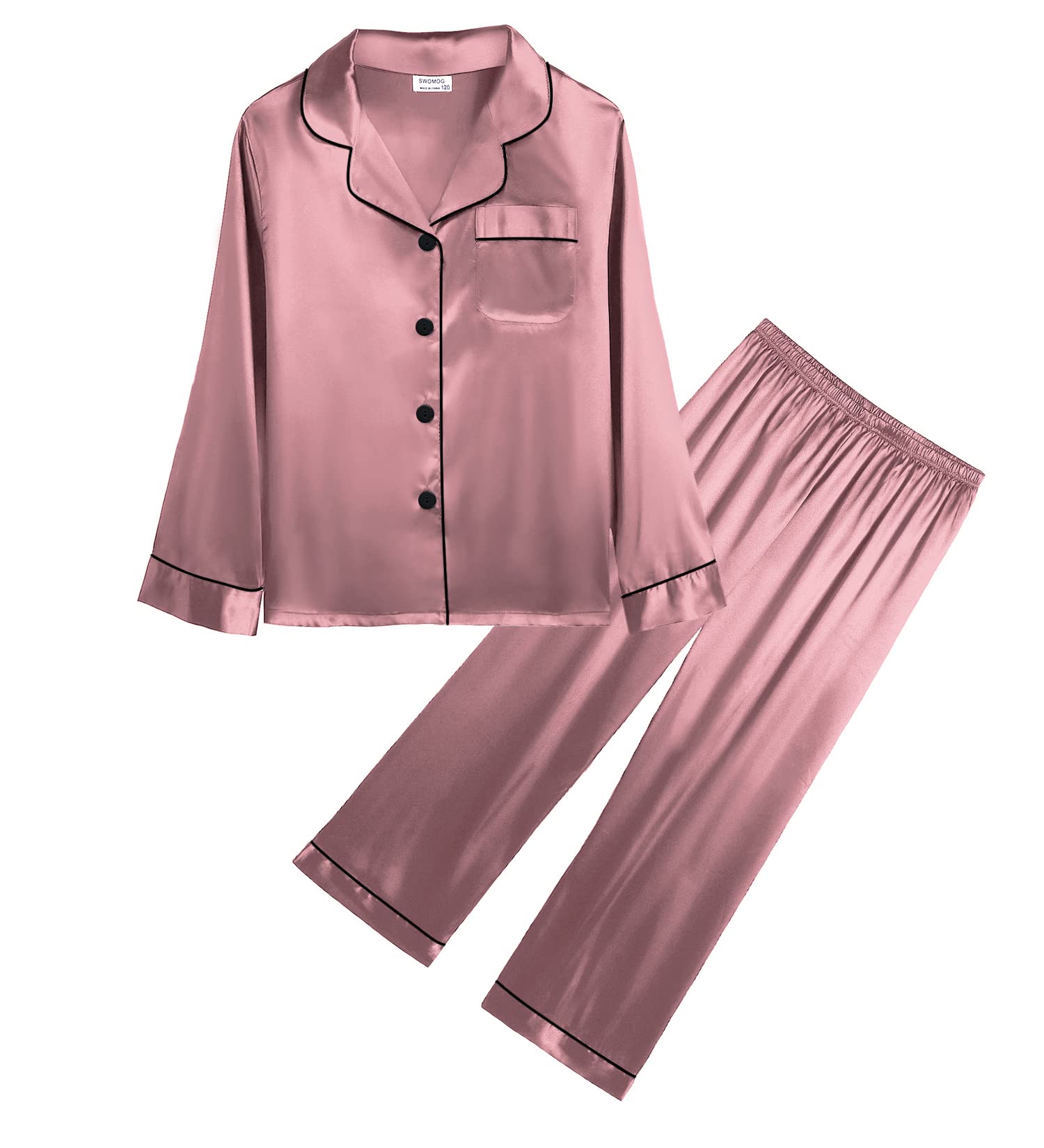 SWOMOG Kids Silk Satin Pajama Set for Girls & Boys - Soft Button-Down 2-Piece Sleepwear with Long Sleeves - Perfect for Bedtime, Lounging & Family Matching Pajama Nights (White)