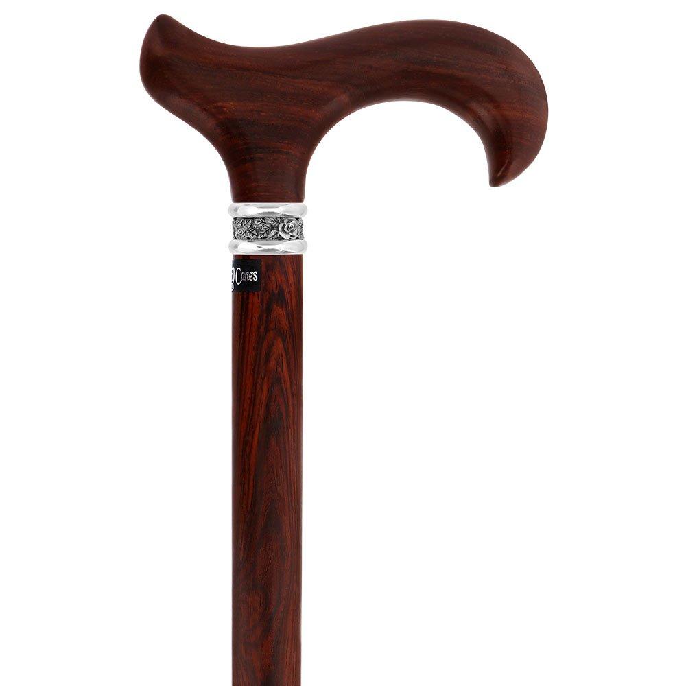 Premium Cocobolo Wood Derby Walking Cane with Scratch & Dent Finish - Pewter Rose Collar Design V1513 | Ideal for Seniors, Hiking, Fashion Accessory & Mobility Support