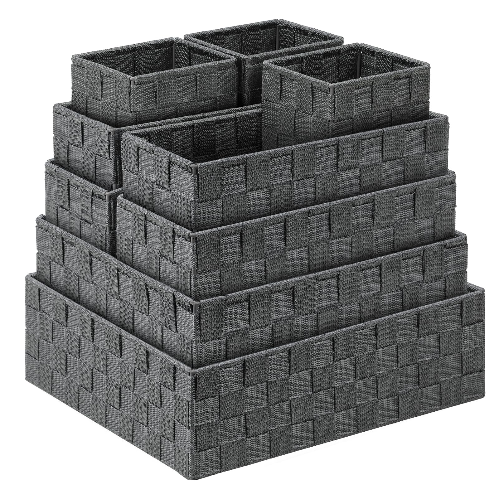 Bellzacasa 9-Piece Woven Storage Baskets Set - Grey Cube Bin Organizer for Drawer, Shelves, Closet & Bathroom | Perfect for Home Organization & Decor