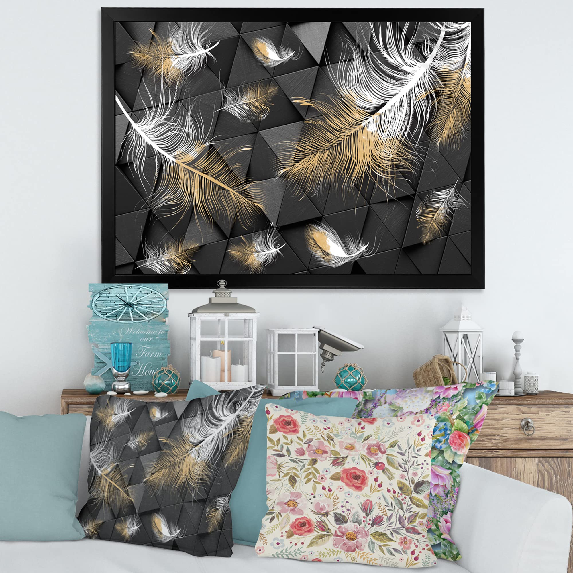 White and Gold Feathers Triangular Modern Framed Wall Art - Elegant Home Decor for Living Room, Bedroom & Office