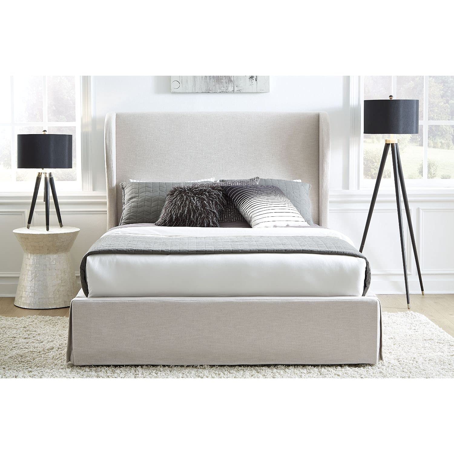 Modus Hera Queen Upholstered Skirted Panel Bed Frame with Tufted Headboard - Oatmeal Linen Fabric - Elegant Bedroom Furniture for Master Suite, Guest Room & Apartment