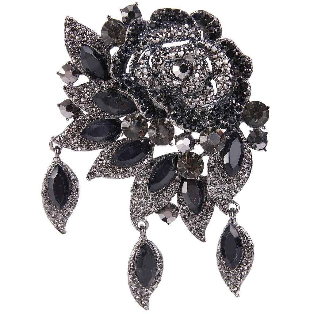 EVER FAITH Rose Flower Leaf Brooch Pendant - Austrian Crystal Jewelry for Women, Elegant Pin for Blouse, Scarf, Jacket, Wedding, Prom & Special Occasions