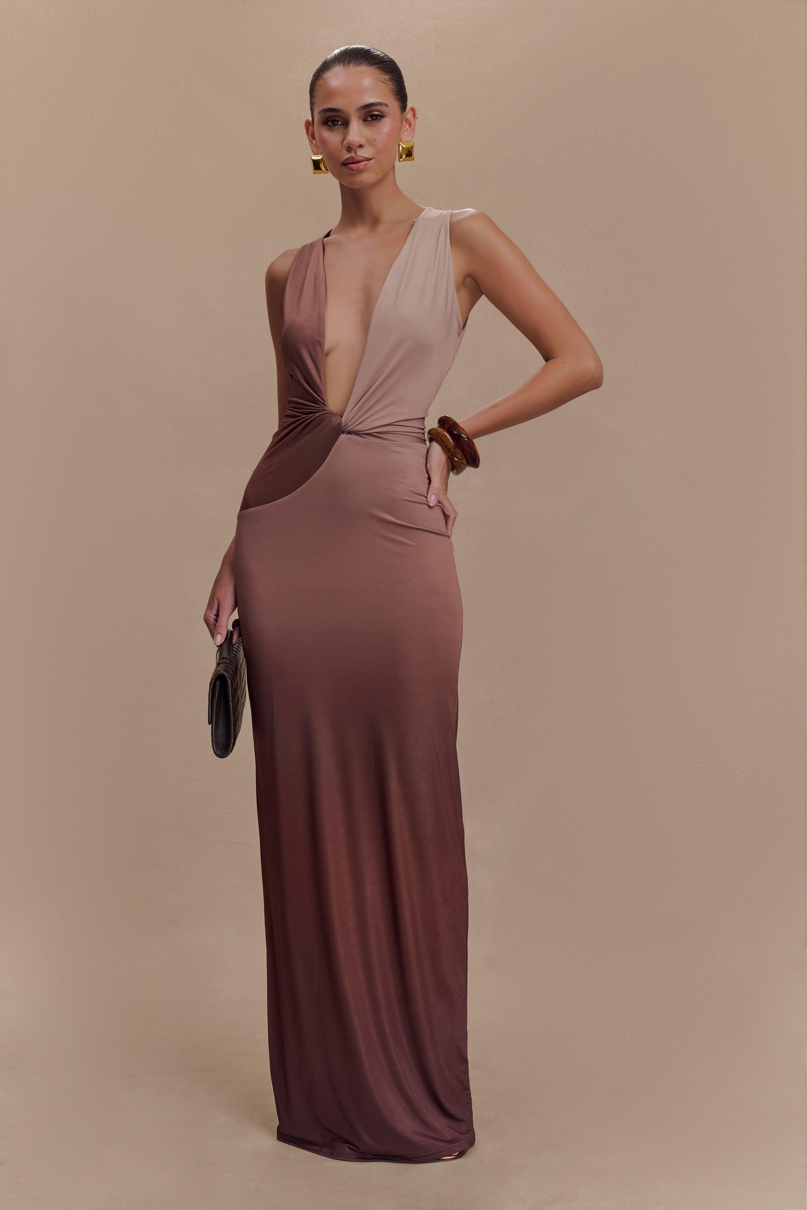 Stella Draped Slinky Maxi Dress - Mocha Ombre Long Sleeve Evening Gown for Women, Perfect for Parties, Weddings & Special Occasions