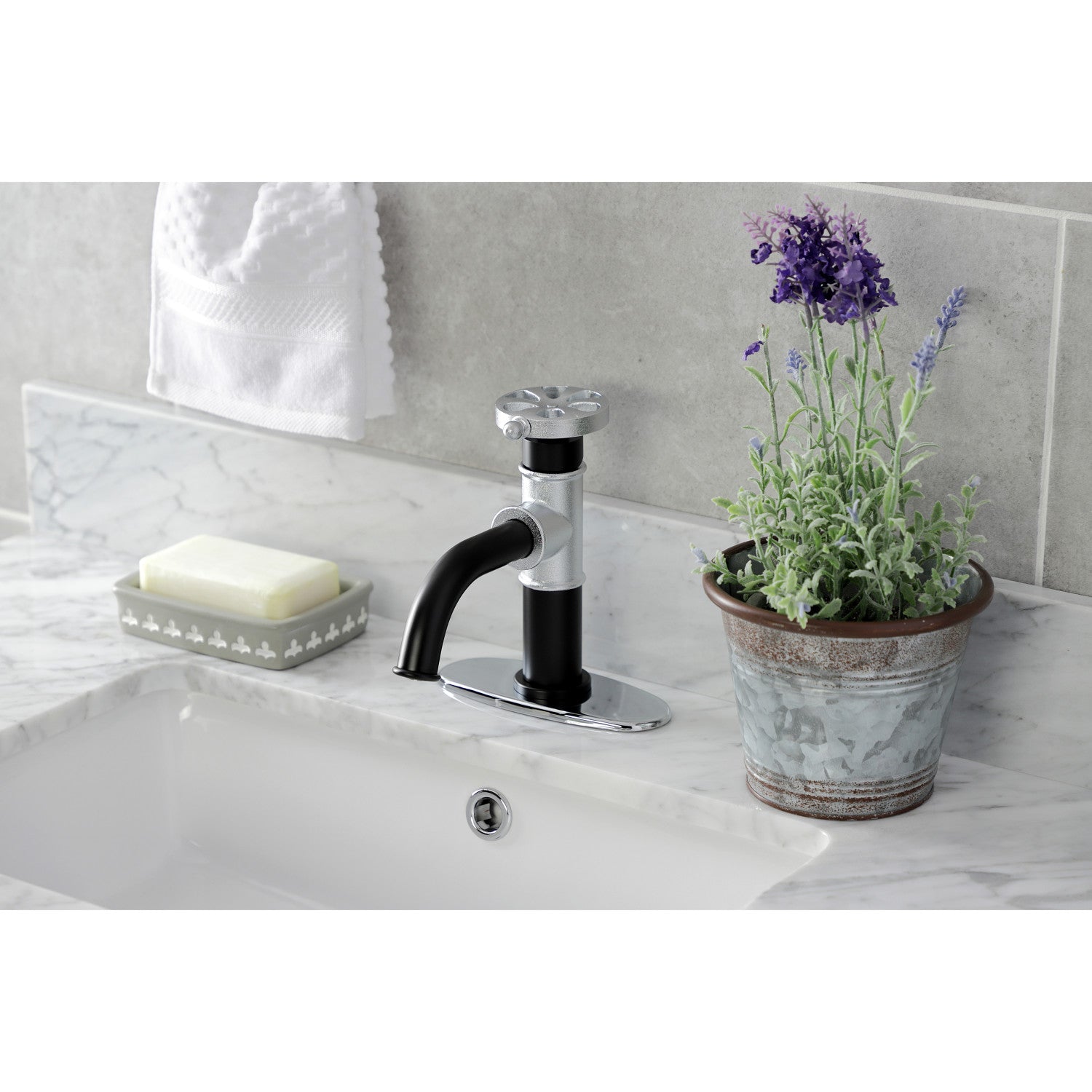 Belknap KSD2821RX Single Handle 1-Hole Bathroom Sink Faucet with Deck Plate & Push Pop-Up Drain - Matte Black/Polished Chrome - Perfect for Modern Bathroom Renovations & Small Space Installations