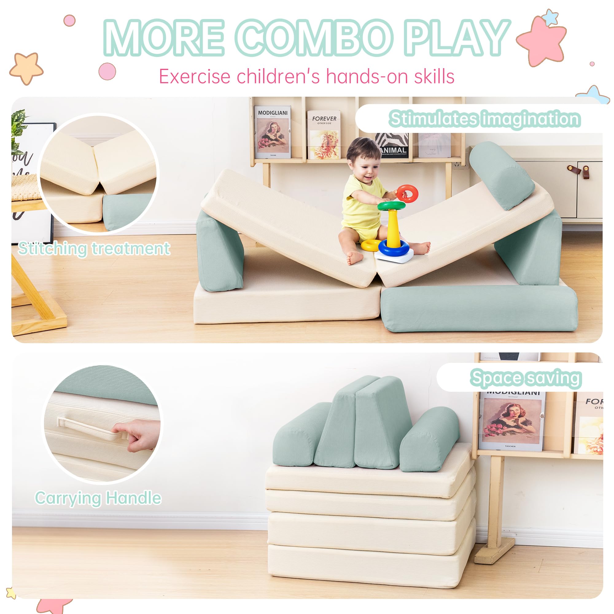 Modular Kids Play Couch - Convertible Toddler Foam Sofa for Playroom | Corduroy Fabric Nugget Couch with 5-Second Instant Expansion | Baby Explorer Set in Cyan & Beige | Perfect for Indoor Play, Reading Nook, and Nap Time