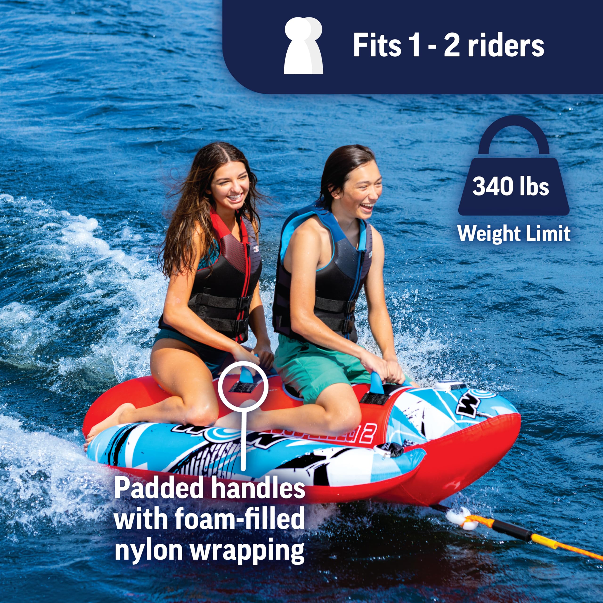 WOW Sports Super Sub Towable Tube for Boating - 1-2 Person Inflatable Water Tube with 340 lbs Capacity - Perfect for Water Sports, Lake & Ocean Fun - Great for Youth & Adults
