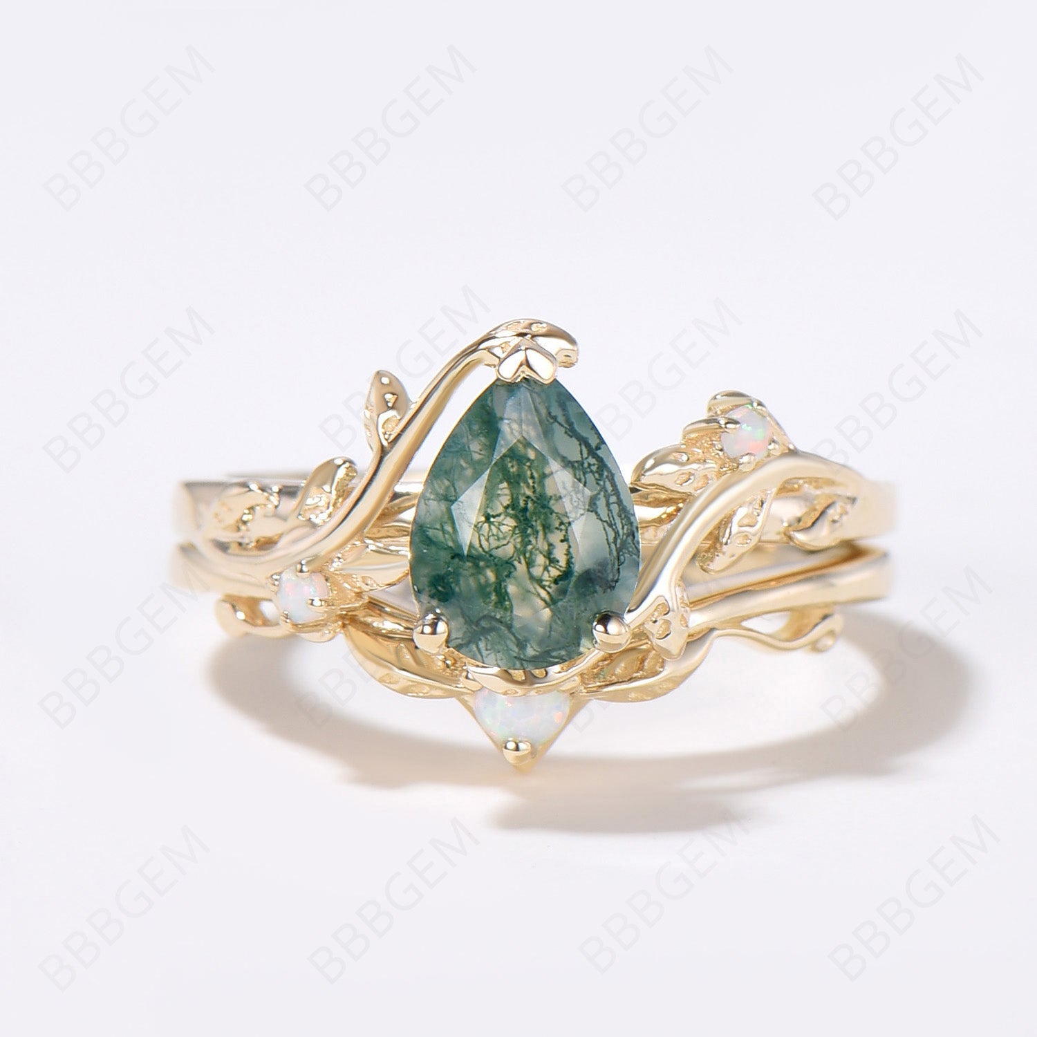 Nature Inspired Twig Leaf Pear Moss Agate Engagement Ring Set - Handcrafted Sterling Silver Wedding Band for Women - Perfect for Outdoor Weddings & Nature-Themed Proposals