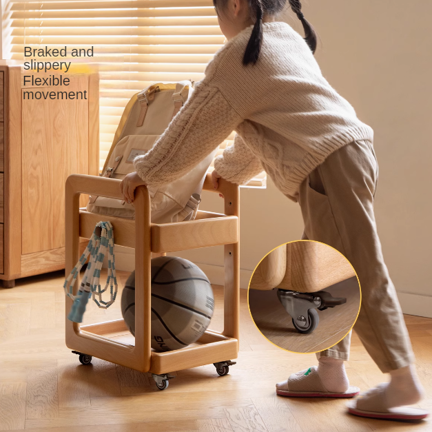Solid Wood Beech & Rubber Kids Under Desk Mobile Storage Rack - Modern Organizer for Toys, Books & School Supplies in Bedroom or Playroom