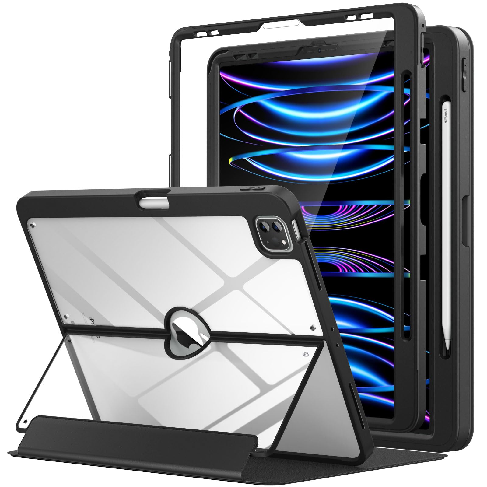 MoKo iPad Pro 12.9 Case (6th/5th/4th/3rd Gen 2022-2018) with Pencil Holder & Screen Protector - Clear Back Cover, Multi-Angle Stand, Auto Wake/Sleep - Perfect for Work, Study & Travel (Black)