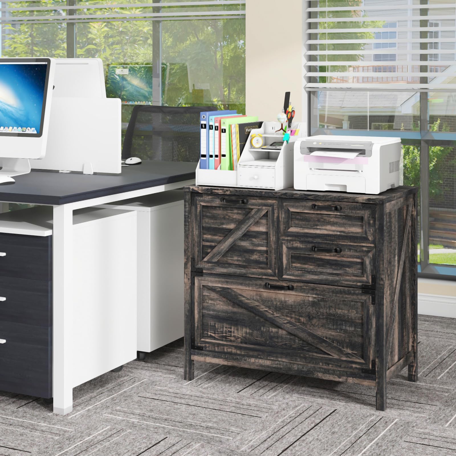 4-Drawer Farmhouse Lateral File Cabinet for Letter/Legal/A4 Hanging Files - Rustic Oak Wood Storage Cabinet with Printer Stand - Perfect for Home Office Organization & Document Storage