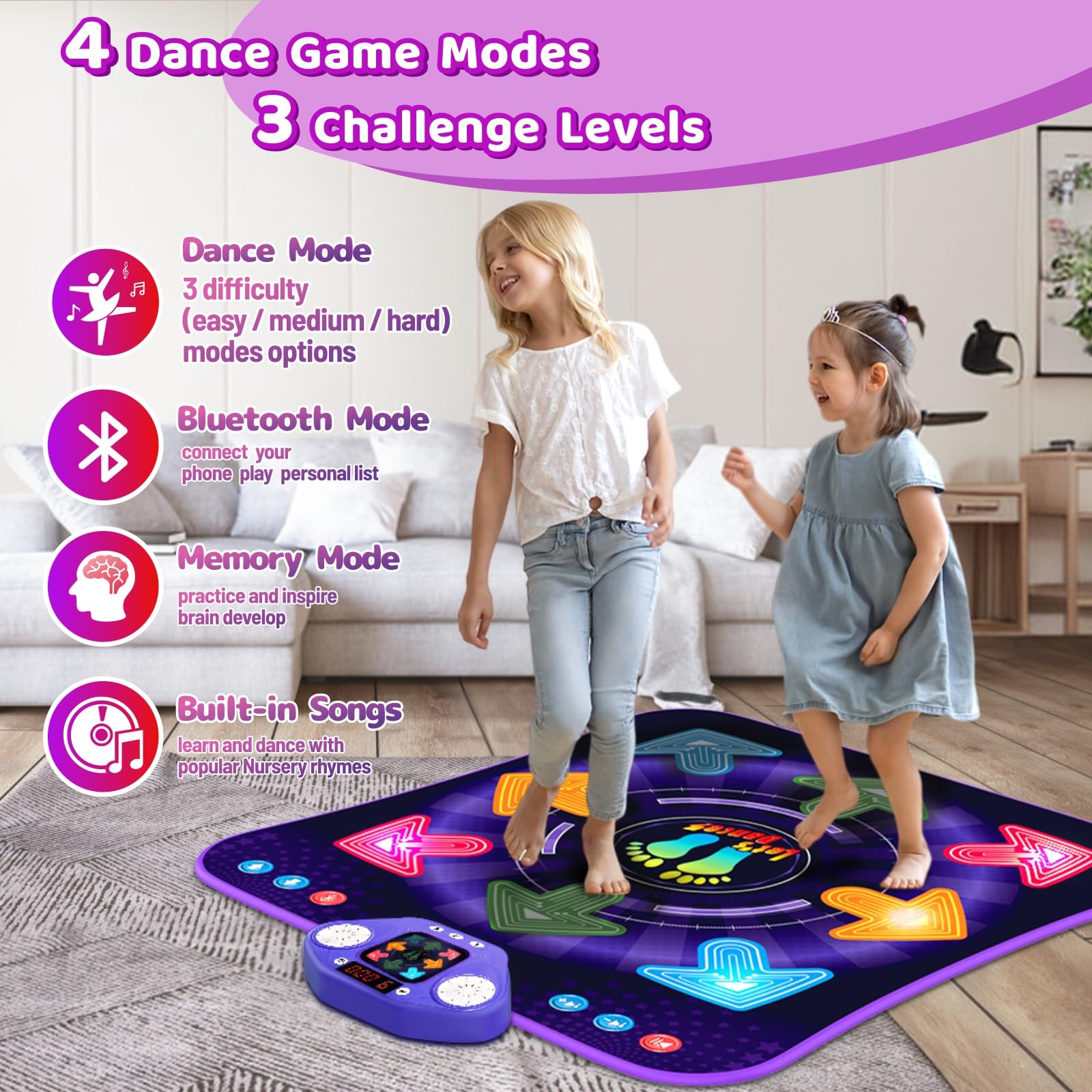 Bluetooth Dance Mat for Kids Ages 3-12 - 8 Light Up Buttons, 7 Game Modes, Music Dance Game Toy - Perfect Christmas & Birthday Gift for Girls & Boys - Fun for Parties, Indoor Play & Family Game Nights