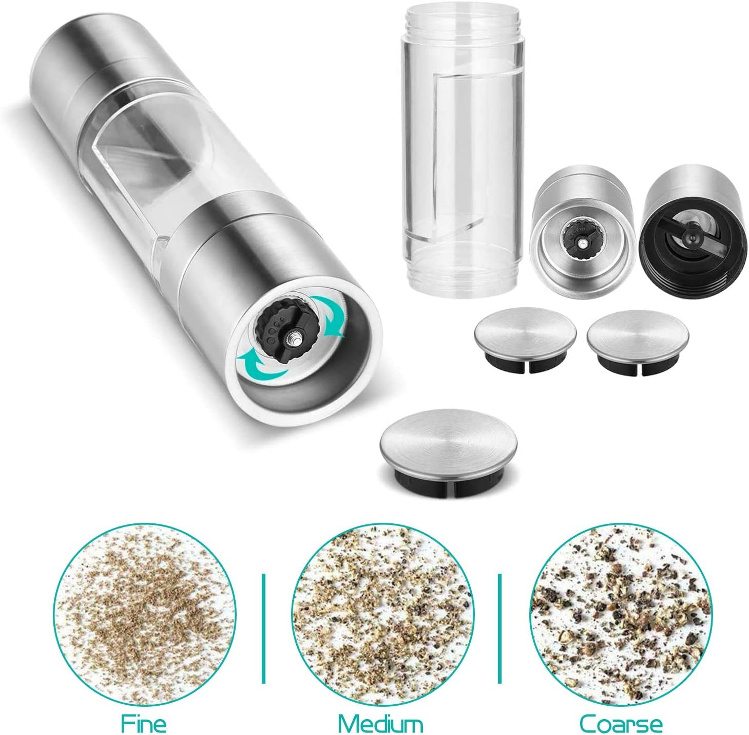 2 in 1 Adjustable Ceramic Salt and Pepper Grinder Set - Stainless Steel Spice Mill for Kitchen, Dining Table & Outdoor BBQ - Perfect for Cooking, Camping & Home Use